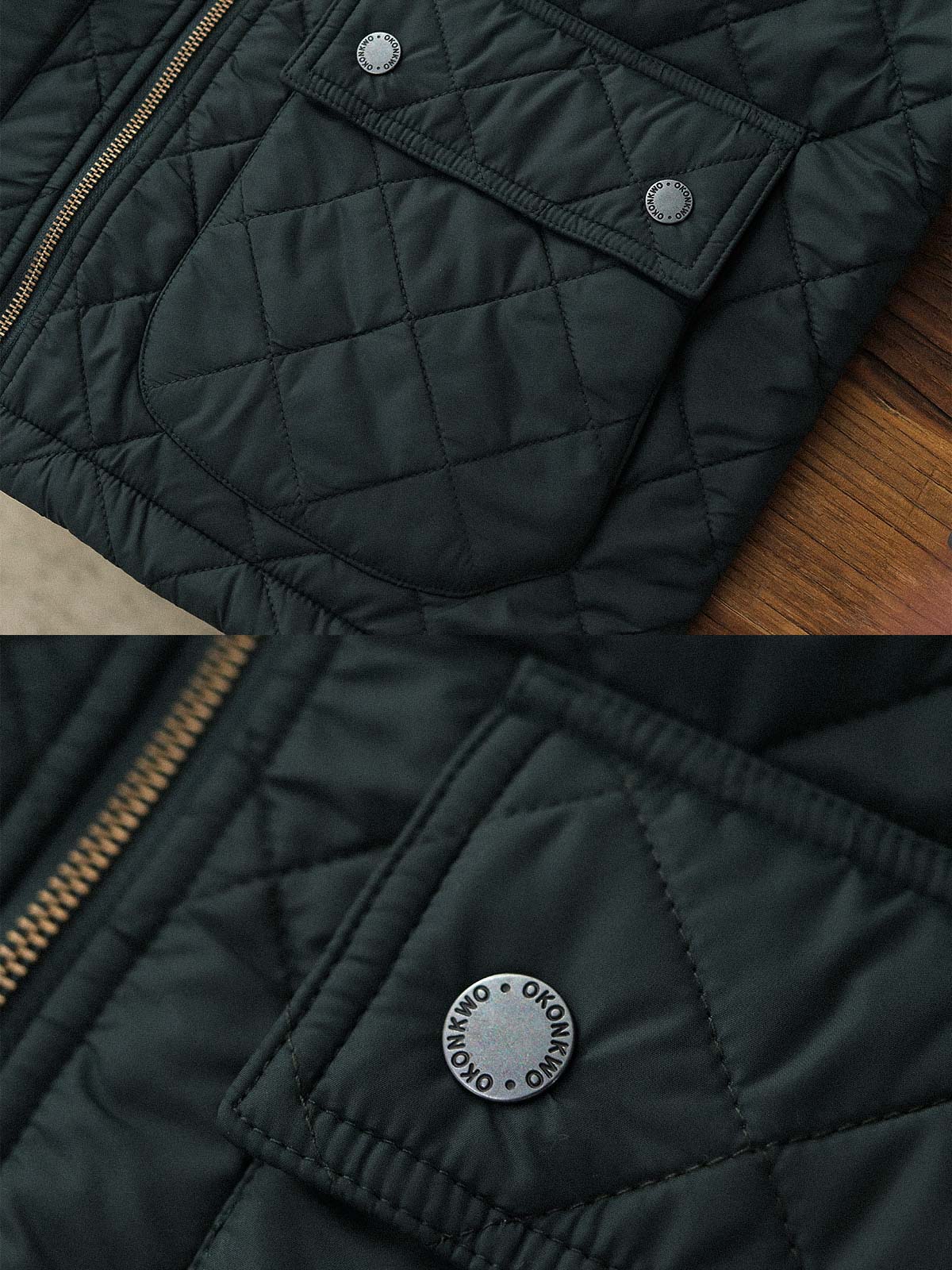 製品画像: ヴィンテージダイヤキルト中綿ジャケット正面展示図。クラシックなダイヤキルト縫製とコーデュロイ襟が特徴的なデザイン。軽量で暖かく、スリムなシルエット。
詳細画像: TALONの真鍮ジッパー、ラグランスリーブのディテール。大きなサイドポケットと斜めの隠しポケットが実用的なデザイン。