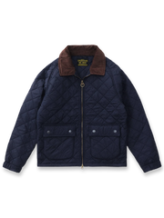 製品画像: ヴィンテージダイヤキルト中綿ジャケット正面展示図。クラシックなダイヤキルト縫製とコーデュロイ襟が特徴的なデザイン。軽量で暖かく、スリムなシルエット。
詳細画像: TALONの真鍮ジッパー、ラグランスリーブのディテール。大きなサイドポケットと斜めの隠しポケットが実用的なデザイン。