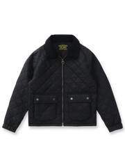 製品画像: ヴィンテージダイヤキルト中綿ジャケット正面展示図。クラシックなダイヤキルト縫製とコーデュロイ襟が特徴的なデザイン。軽量で暖かく、スリムなシルエット。
詳細画像: TALONの真鍮ジッパー、ラグランスリーブのディテール。大きなサイドポケットと斜めの隠しポケットが実用的なデザイン。