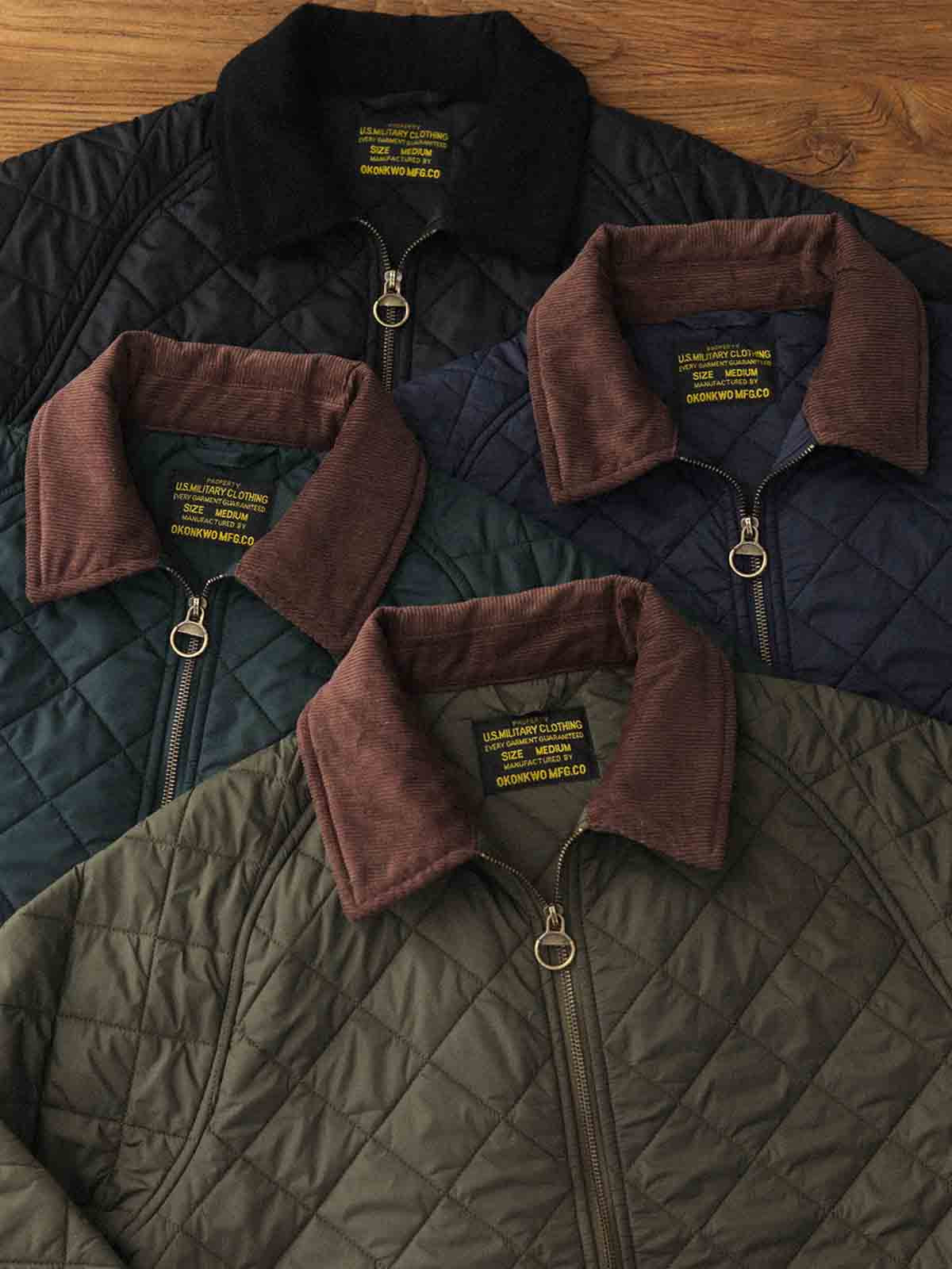 製品画像: ヴィンテージダイヤキルト中綿ジャケット正面展示図。クラシックなダイヤキルト縫製とコーデュロイ襟が特徴的なデザイン。軽量で暖かく、スリムなシルエット。
詳細画像: TALONの真鍮ジッパー、ラグランスリーブのディテール。大きなサイドポケットと斜めの隠しポケットが実用的なデザイン。