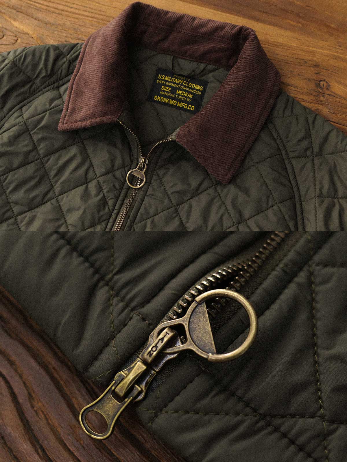 製品画像: ヴィンテージダイヤキルト中綿ジャケット正面展示図。クラシックなダイヤキルト縫製とコーデュロイ襟が特徴的なデザイン。軽量で暖かく、スリムなシルエット。
詳細画像: TALONの真鍮ジッパー、ラグランスリーブのディテール。大きなサイドポケットと斜めの隠しポケットが実用的なデザイン。