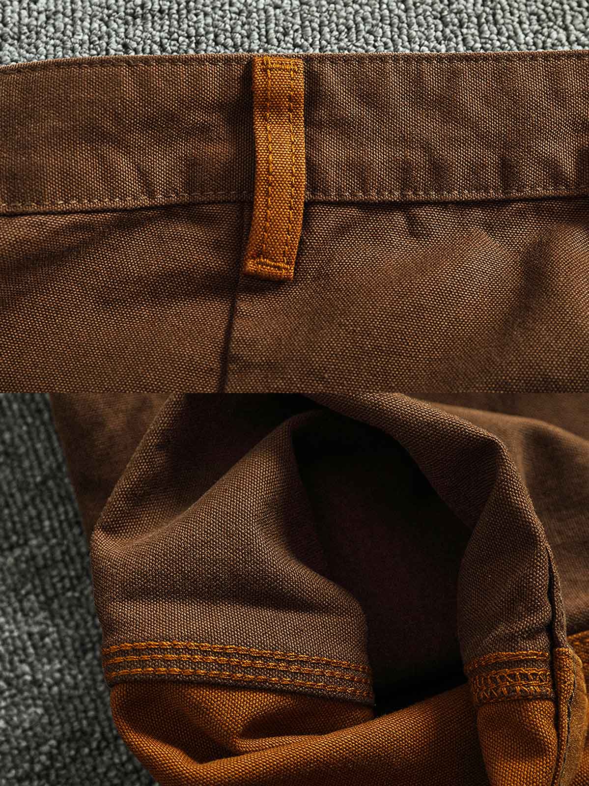 製品画像:粗い織りキャンバス素材のコントラストカラーのパッチワークカーゴパンツ、レトロなデザインでストリートファッションやバイクスタイルにぴったり。金属製ボタンとYKKジッパーが精緻な仕上がり。
詳細画像:粗い織りのキャンバス素材、コントラストカラーのパッチワークデザイン、金属製ボタンやYKKジッパーのディテール、テーパードデザインでファッション性がアップ。