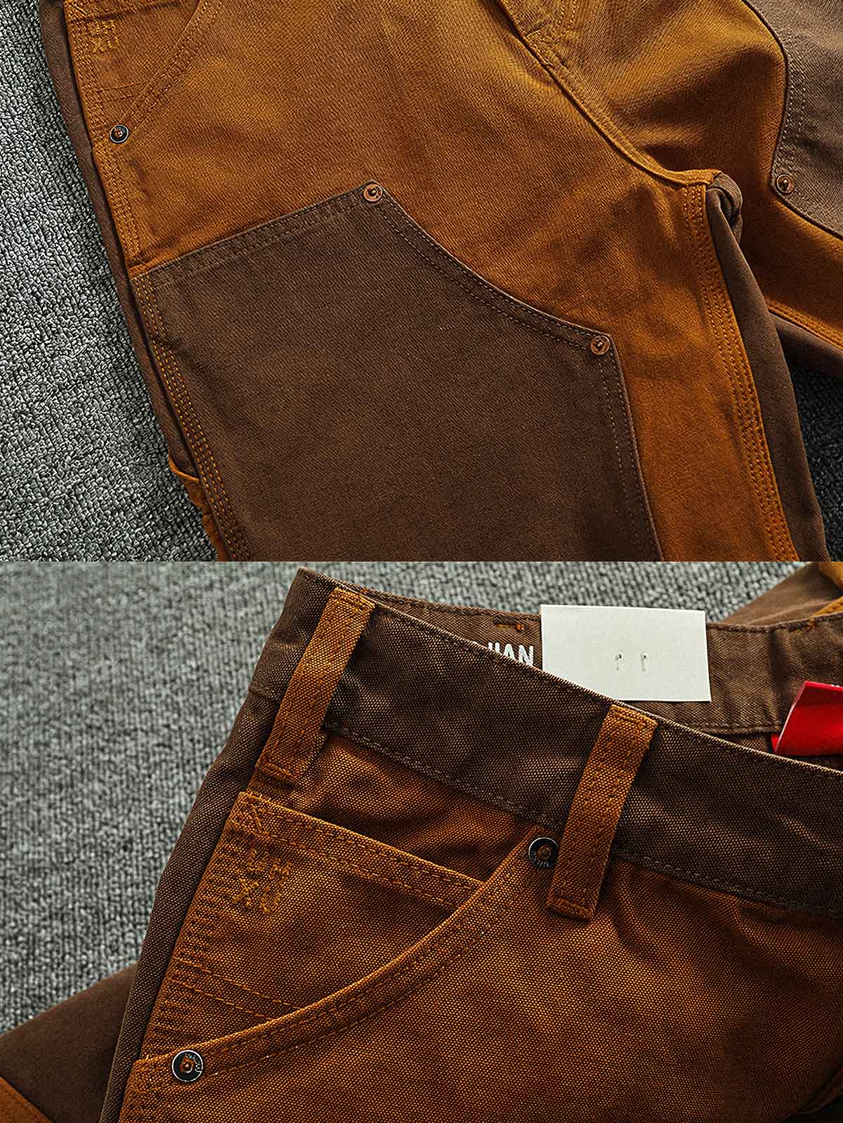 製品画像:粗い織りキャンバス素材のコントラストカラーのパッチワークカーゴパンツ、レトロなデザインでストリートファッションやバイクスタイルにぴったり。金属製ボタンとYKKジッパーが精緻な仕上がり。
詳細画像:粗い織りのキャンバス素材、コントラストカラーのパッチワークデザイン、金属製ボタンやYKKジッパーのディテール、テーパードデザインでファッション性がアップ。