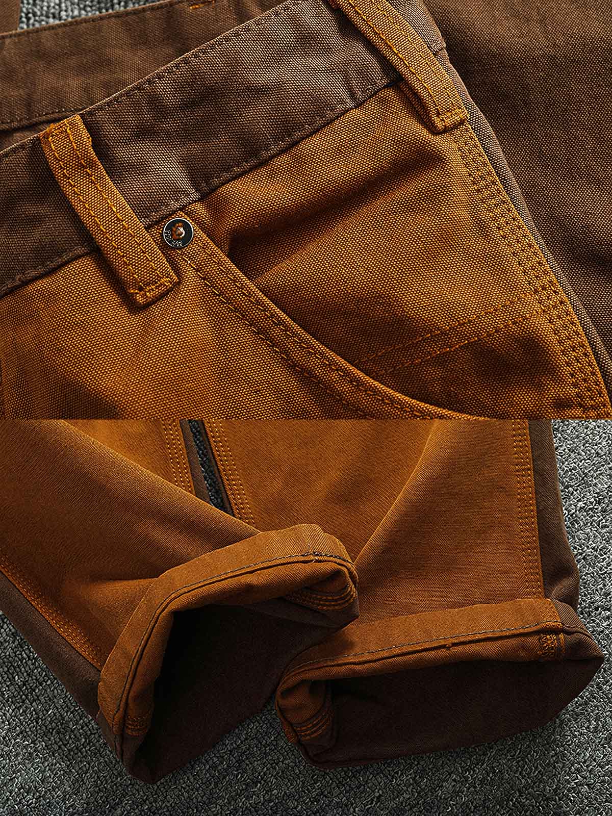 製品画像:粗い織りキャンバス素材のコントラストカラーのパッチワークカーゴパンツ、レトロなデザインでストリートファッションやバイクスタイルにぴったり。金属製ボタンとYKKジッパーが精緻な仕上がり。
詳細画像:粗い織りのキャンバス素材、コントラストカラーのパッチワークデザイン、金属製ボタンやYKKジッパーのディテール、テーパードデザインでファッション性がアップ。