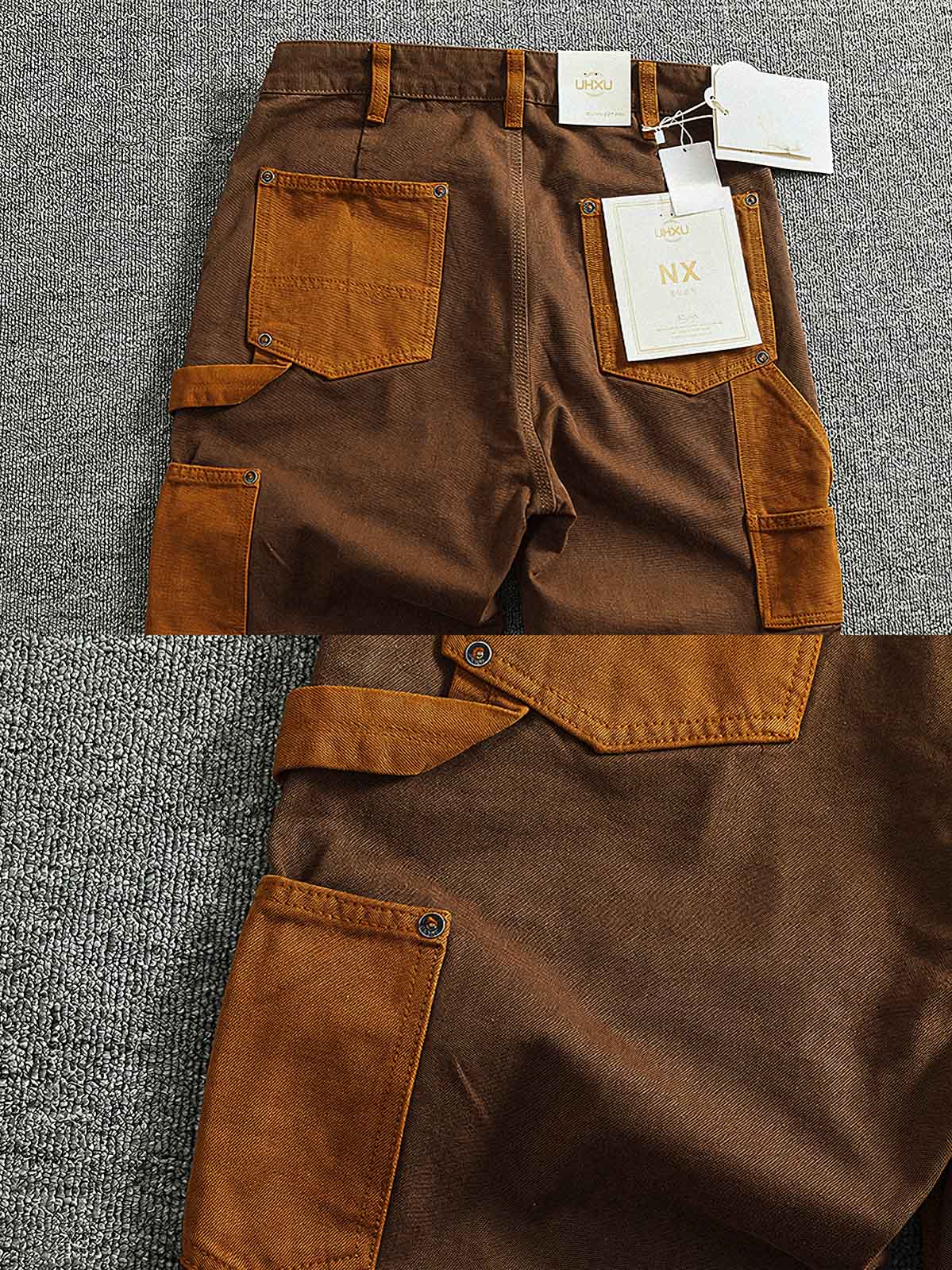 製品画像:粗い織りキャンバス素材のコントラストカラーのパッチワークカーゴパンツ、レトロなデザインでストリートファッションやバイクスタイルにぴったり。金属製ボタンとYKKジッパーが精緻な仕上がり。
詳細画像:粗い織りのキャンバス素材、コントラストカラーのパッチワークデザイン、金属製ボタンやYKKジッパーのディテール、テーパードデザインでファッション性がアップ。