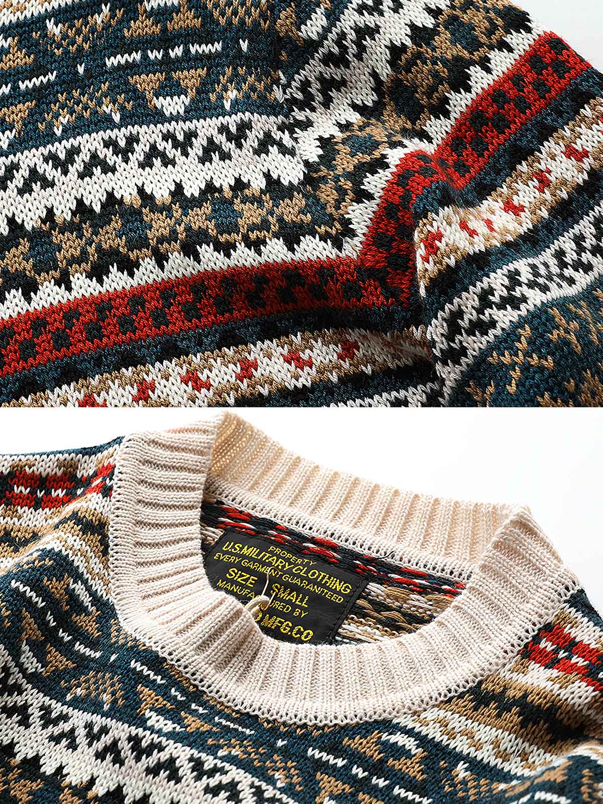 製品画像:クラシックなフェアアイル柄デザインのクリスマスセーター、ウール混紡素材で温かみのある着心地。祝祭的な雰囲気を演出するデザイン。
詳細画像:フェアアイル柄のジャガード編みディテール、クリスマスシーズンにぴったりのデザイン。ウール混紡素材で柔らかく快適な保温性を提供。