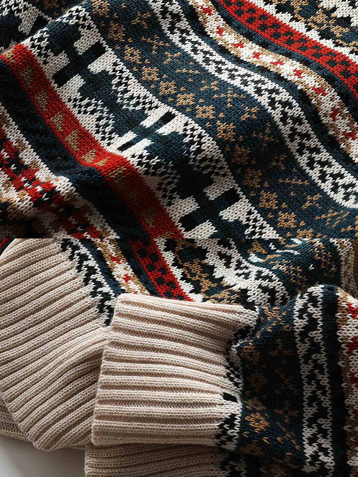 製品画像:クラシックなフェアアイル柄デザインのクリスマスセーター、ウール混紡素材で温かみのある着心地。祝祭的な雰囲気を演出するデザイン。
詳細画像:フェアアイル柄のジャガード編みディテール、クリスマスシーズンにぴったりのデザイン。ウール混紡素材で柔らかく快適な保温性を提供。