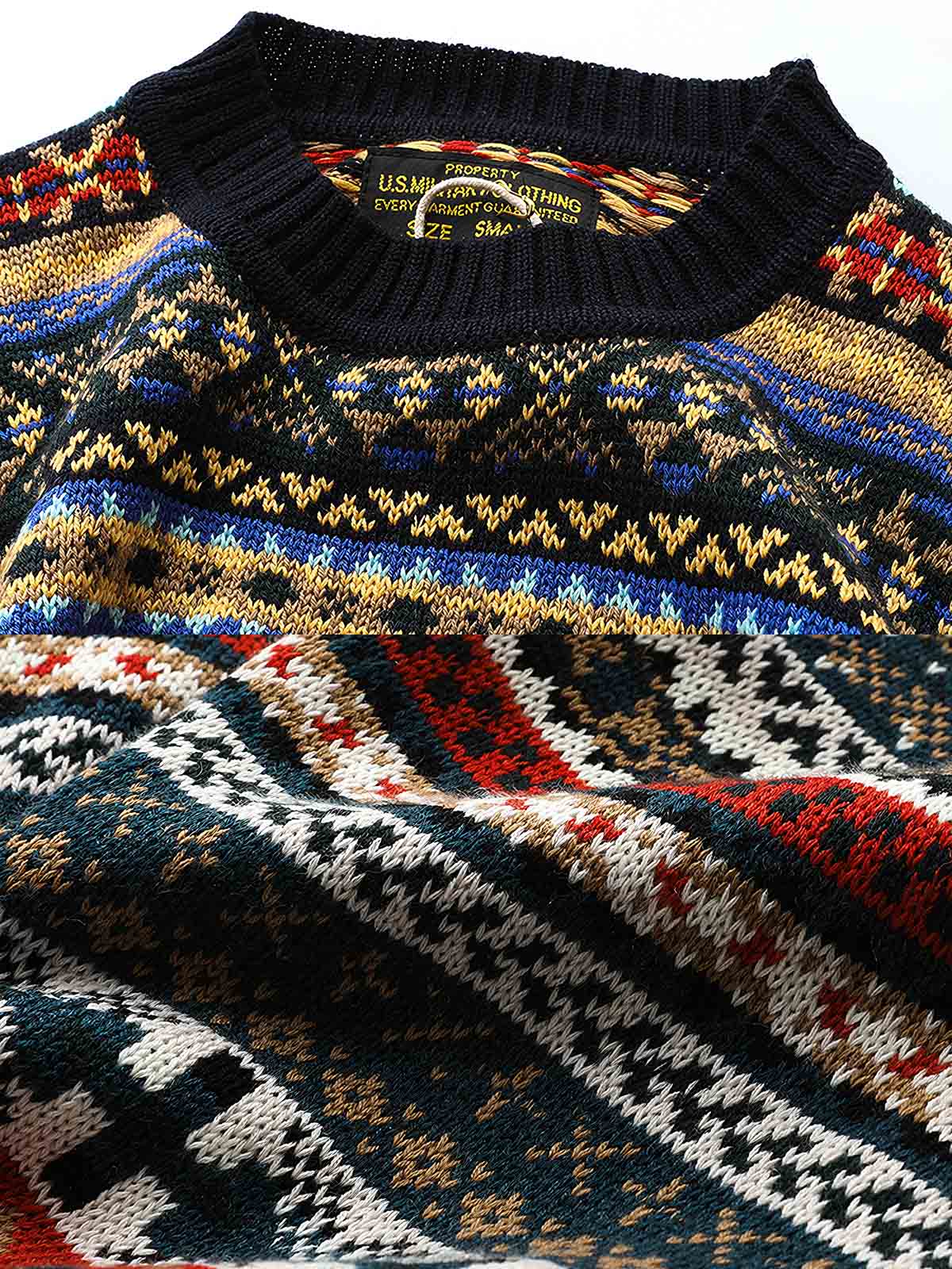 製品画像:クラシックなフェアアイル柄デザインのクリスマスセーター、ウール混紡素材で温かみのある着心地。祝祭的な雰囲気を演出するデザイン。
詳細画像:フェアアイル柄のジャガード編みディテール、クリスマスシーズンにぴったりのデザイン。ウール混紡素材で柔らかく快適な保温性を提供。