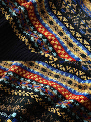 製品画像:クラシックなフェアアイル柄デザインのクリスマスセーター、ウール混紡素材で温かみのある着心地。祝祭的な雰囲気を演出するデザイン。
詳細画像:フェアアイル柄のジャガード編みディテール、クリスマスシーズンにぴったりのデザイン。ウール混紡素材で柔らかく快適な保温性を提供。