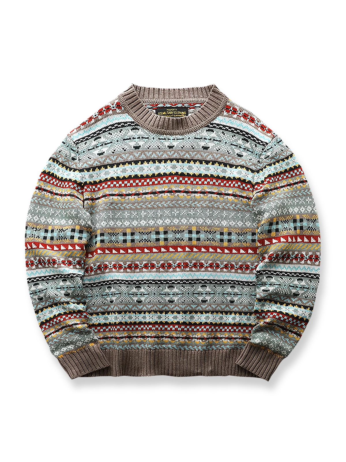 製品画像:クラシックなフェアアイル柄デザインのクリスマスセーター、ウール混紡素材で温かみのある着心地。祝祭的な雰囲気を演出するデザイン。
詳細画像:フェアアイル柄のジャガード編みディテール、クリスマスシーズンにぴったりのデザイン。ウール混紡素材で柔らかく快適な保温性を提供。