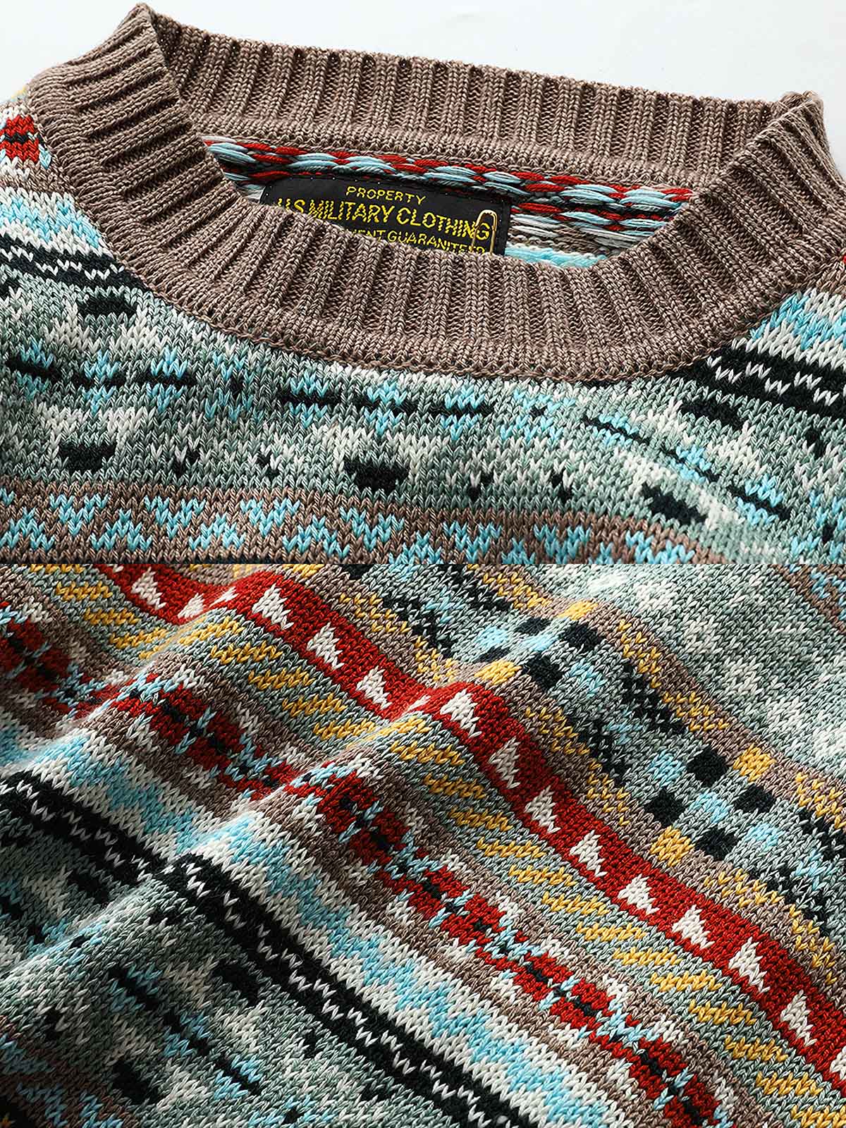 製品画像:クラシックなフェアアイル柄デザインのクリスマスセーター、ウール混紡素材で温かみのある着心地。祝祭的な雰囲気を演出するデザイン。
詳細画像:フェアアイル柄のジャガード編みディテール、クリスマスシーズンにぴったりのデザイン。ウール混紡素材で柔らかく快適な保温性を提供。