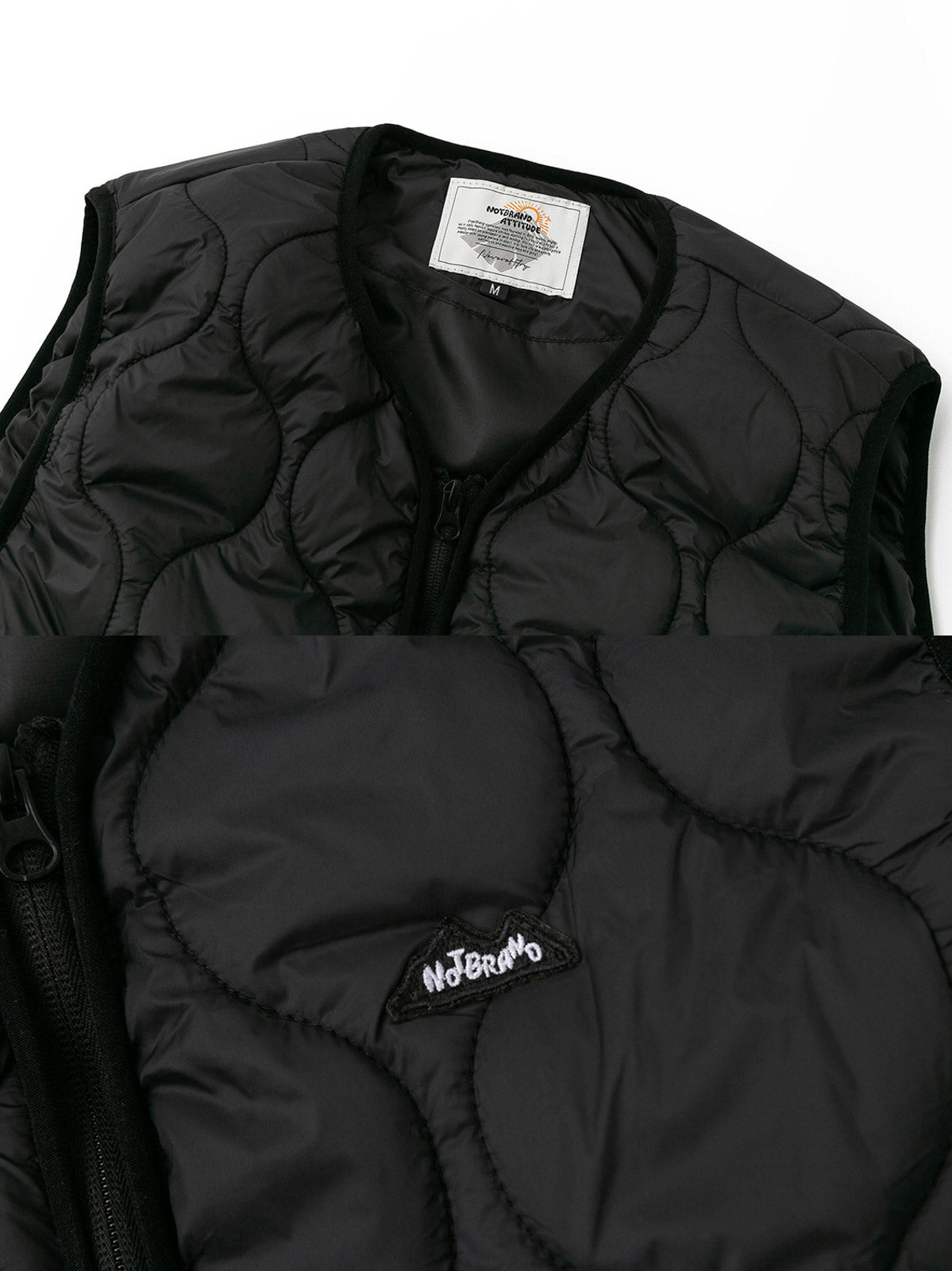 製品画像: ウェーブキルティング軽量中綿ベスト正面展示画像。立体的なウェーブキルティングデザインが特徴の軽量ベスト、秋冬のアウトドアや日常のコーディネートに最適。
詳細画像: ウェーブキルティングディテールのクローズアップ。細やかな縫製と、保温性を保ちながら膨らみを抑えたデザインが強調された素材感。