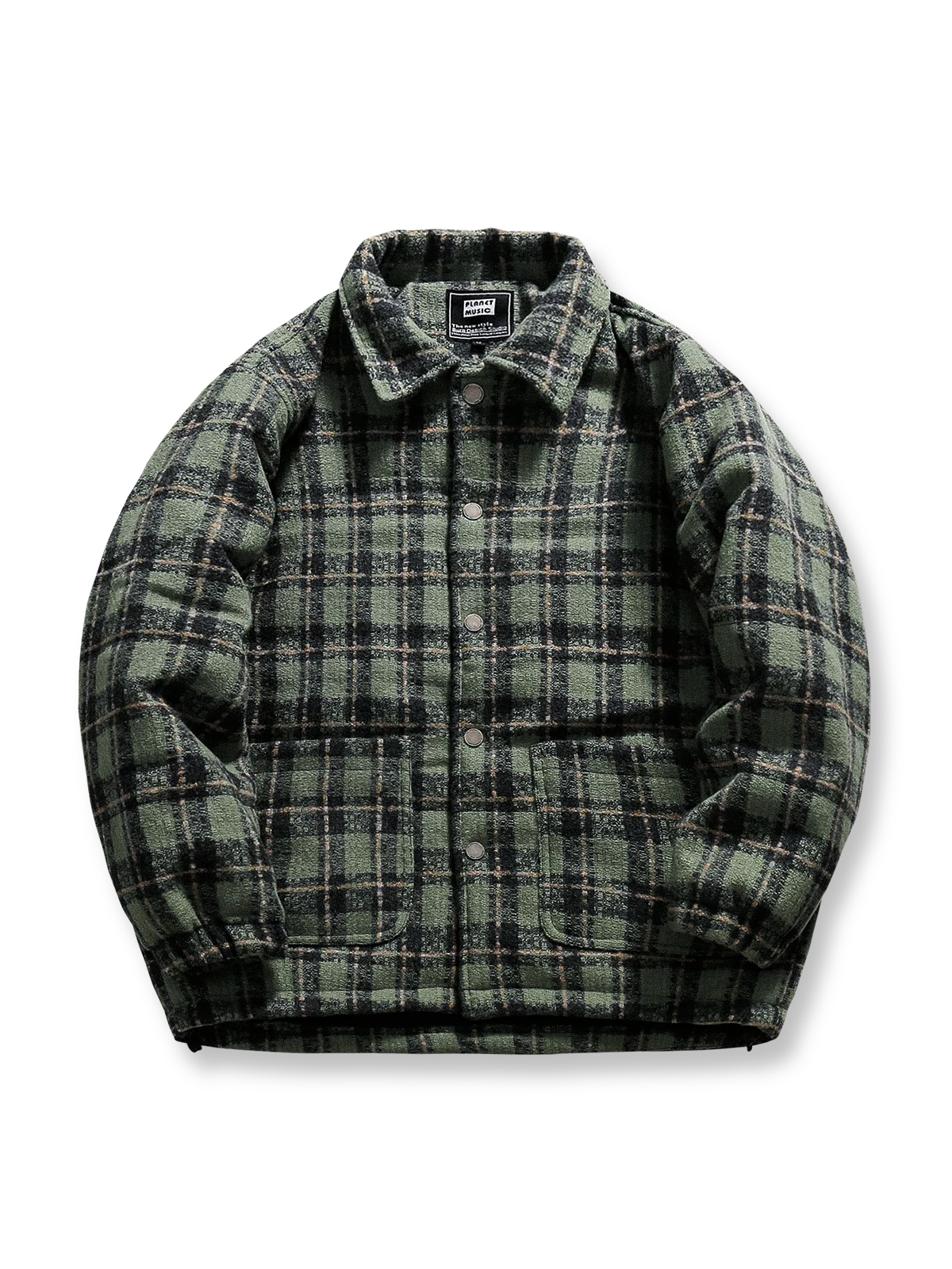 製品画像: クラシックなチェック柄中綿ジャケットの正面展示画像、ダウンコットン充填で秋冬にぴったりな暖かさを提供するジャケット。
詳細画像: チェック柄のディテールとダウンコットン充填デザイン、保温性と快適性を兼ね備えた中綿ジャケットの生地感。