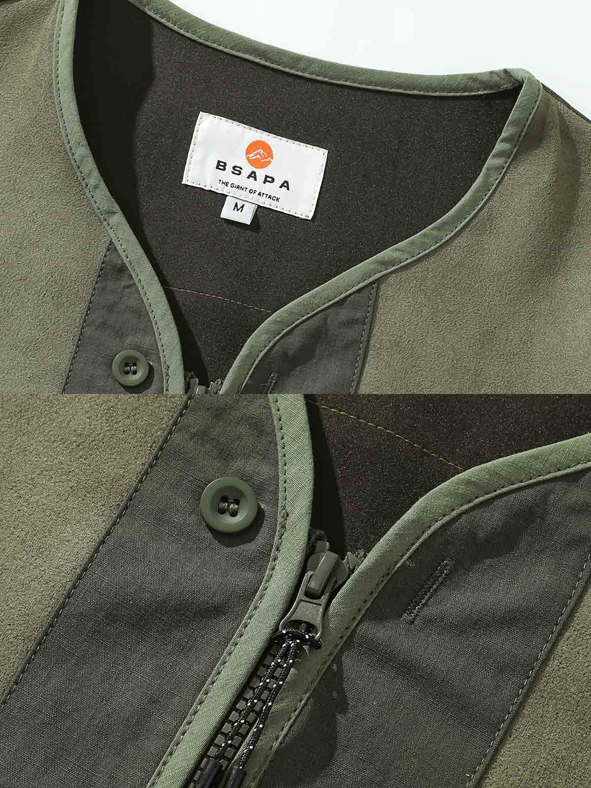 製品画像: スエード調バッチワークVネックジャケットの正面展示画像、ファッション性と実用性を兼ね備えたトレンド感あふれるワークジャケット。
詳細画像: スエード調バッチワークデザインとVネックカーディガンスタイルのディテール、柔らかく快適な素材感とデザイン性を強調。