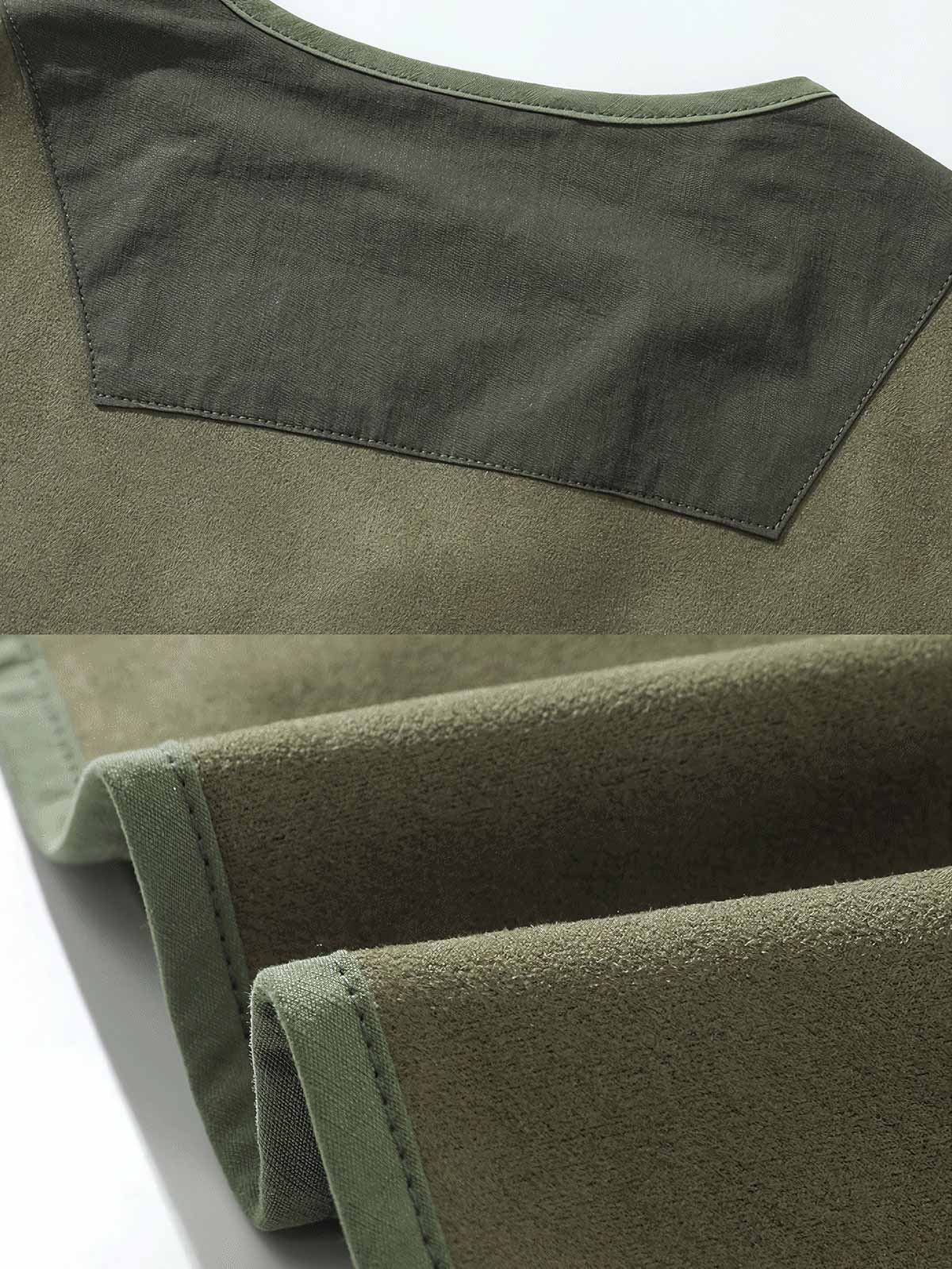 製品画像: スエード調バッチワークVネックジャケットの正面展示画像、ファッション性と実用性を兼ね備えたトレンド感あふれるワークジャケット。
詳細画像: スエード調バッチワークデザインとVネックカーディガンスタイルのディテール、柔らかく快適な素材感とデザイン性を強調。