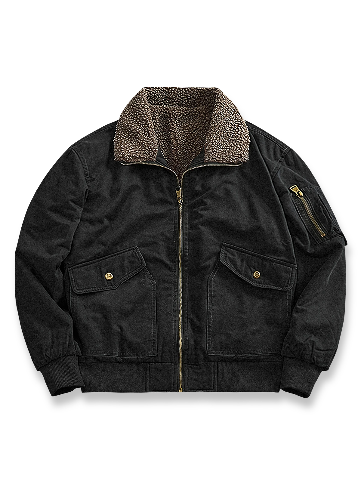 製品画像: 裏起毛厚手フライトジャケットの正面展示画像、アメカジスタイルでデザインされた高密度コットン生地と優れた保温性を提供するジャケット。
詳細画像: フライトジャケットの袖口と裾の高密度リブデザインのディテール、裏起毛で暖かさを強化し、立体感のあるシルエットを演出。