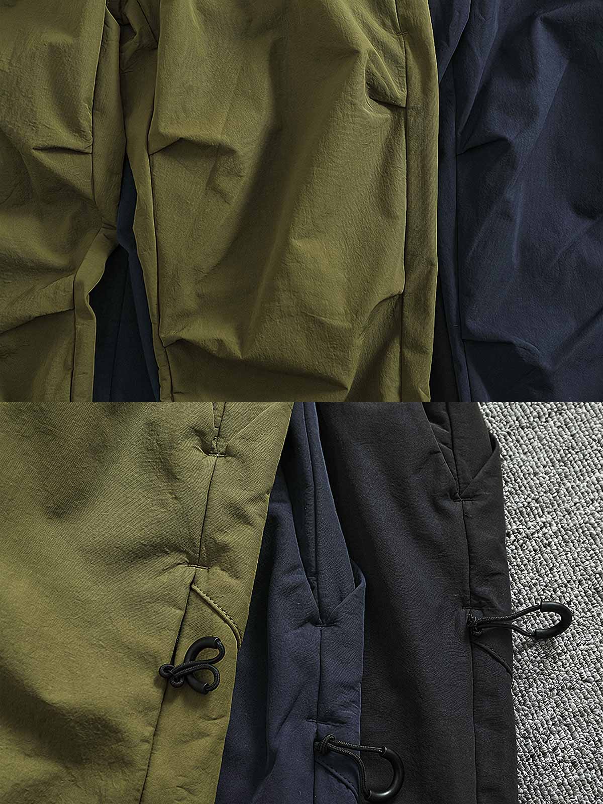 製品画像: 複合素材の加厚デザインが特徴の機能性ワークパンツ正面展示画像、アウトドアと日常使いに最適なアイテム。
詳細画像: ワークパンツのディテールアップ、スポーツジップポケットと膝部の3D立体カットによる最適なフィット感。