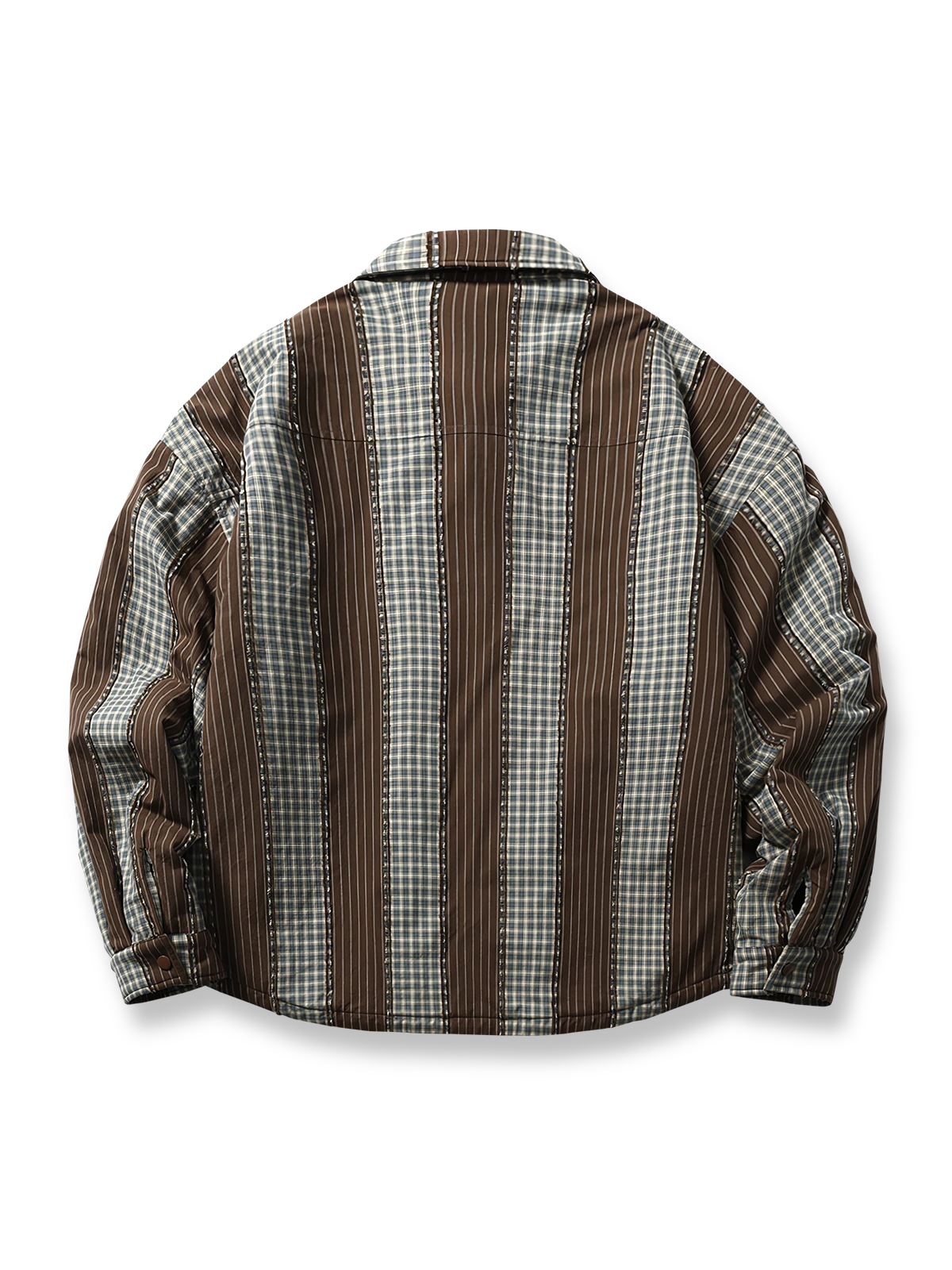 製品画像:
ストライプパッチワーク長袖シャツ、厚手中綿入りデザイン、ヴィンテージワークウェアスタイル、ゆったりシルエット、寒冷な季節に最適な保温性
詳細画像:
ストライプパッチワークのディテール、ヴィンテージ感を引き立てるクラシックなデザイン、中綿入りの裏地で追加の保温性、ゆったりとしたカット