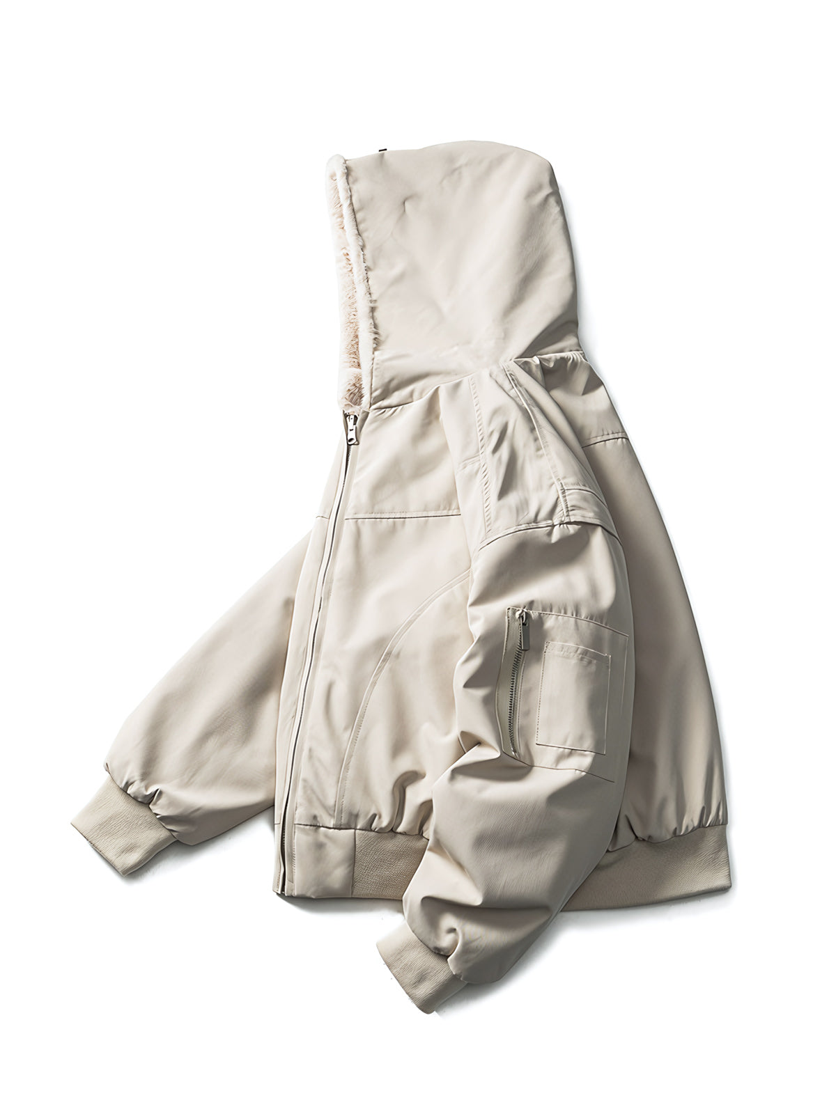 製品画像:
リバーシブルラムスキンフード付き厚手中綿ジャケット、正面展示画像、シンプルなポリエステル外層とラムスキン裏地のリバーシブルデザイン、保温性と耐久性を強調、冬の通勤やアウトドアに最適
詳細画像:
ラムスキン裏地の柔らかな質感とポリエステル外層の防風性を示すディテール画像、調節可能な袖口とフード付きデザインで機能性アップ