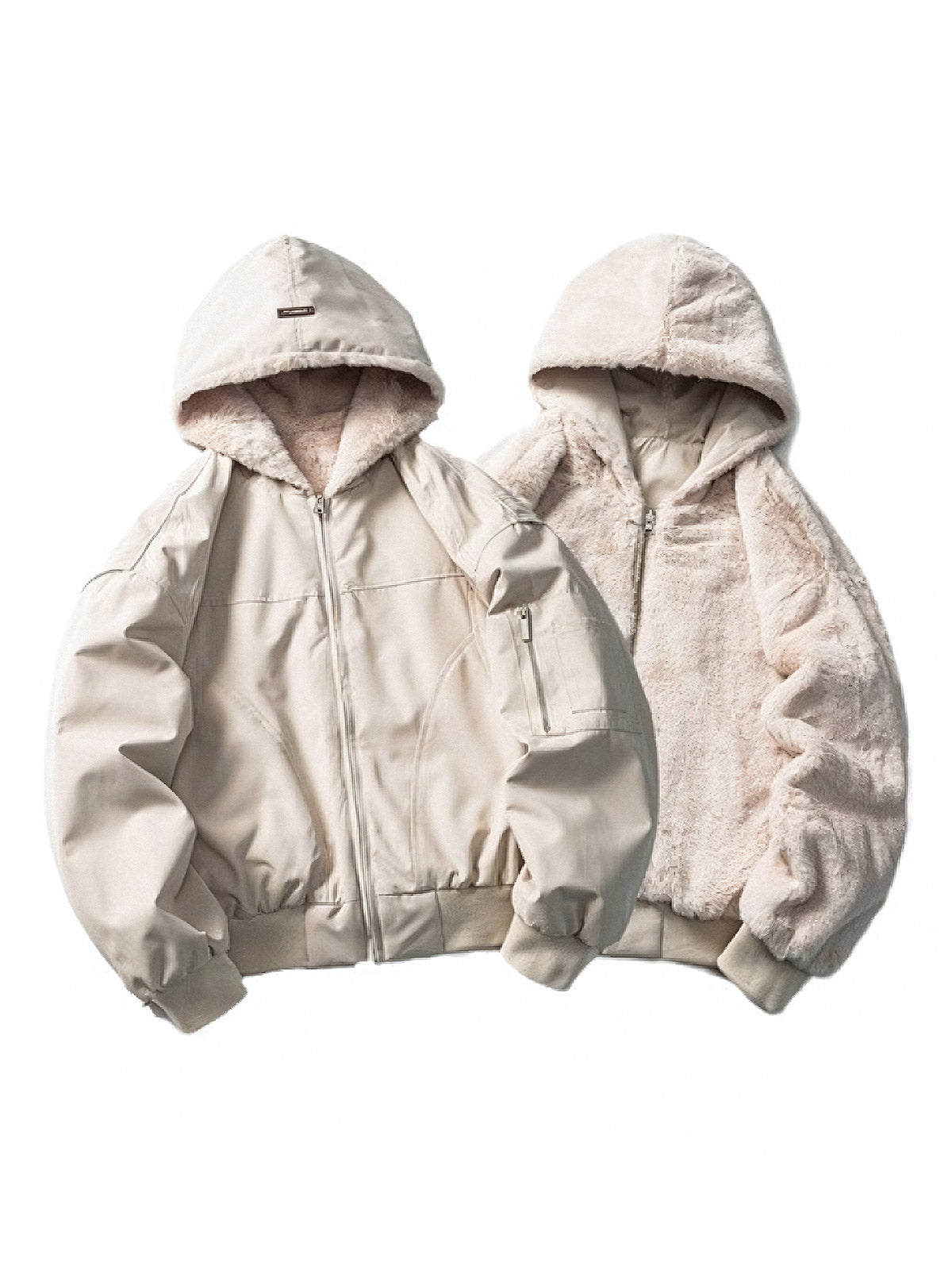 製品画像:
リバーシブルラムスキンフード付き厚手中綿ジャケット、正面展示画像、シンプルなポリエステル外層とラムスキン裏地のリバーシブルデザイン、保温性と耐久性を強調、冬の通勤やアウトドアに最適
詳細画像:
ラムスキン裏地の柔らかな質感とポリエステル外層の防風性を示すディテール画像、調節可能な袖口とフード付きデザインで機能性アップ