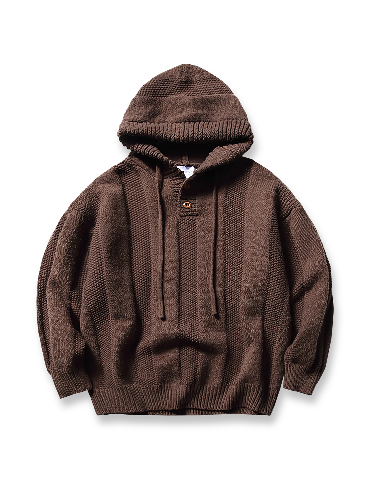 製品画像:
フード付きプルオーバーセーター全体の正面ビュー、ストライプと交差模様が鮮明に映し出され、シンプルでありながら個性的なデザインを強調。フード部分と裾、袖口のディテールが見やすいように撮影。
詳細画像:
胸元と肩部分の精緻な交差模様、フードの編み込みディテールがクローズアップされ、繊細な編み方と生地感がよくわかる画像。