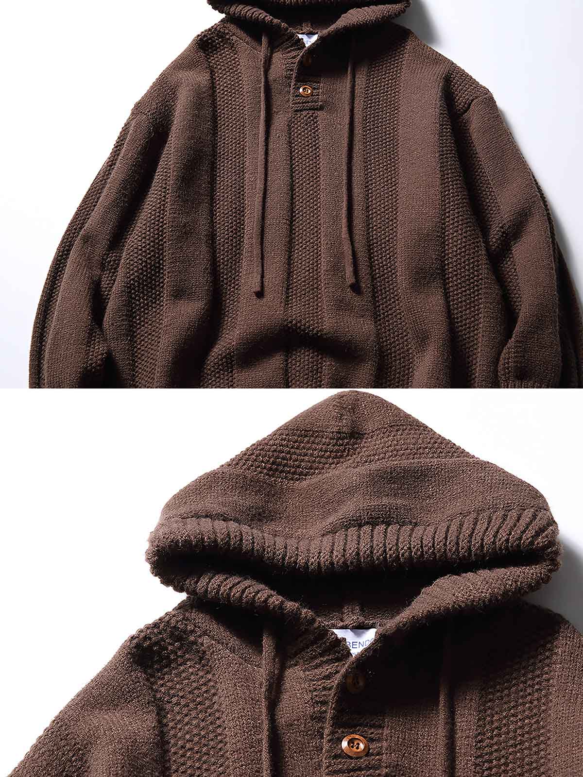 製品画像:
フード付きプルオーバーセーター全体の正面ビュー、ストライプと交差模様が鮮明に映し出され、シンプルでありながら個性的なデザインを強調。フード部分と裾、袖口のディテールが見やすいように撮影。
詳細画像:
胸元と肩部分の精緻な交差模様、フードの編み込みディテールがクローズアップされ、繊細な編み方と生地感がよくわかる画像。