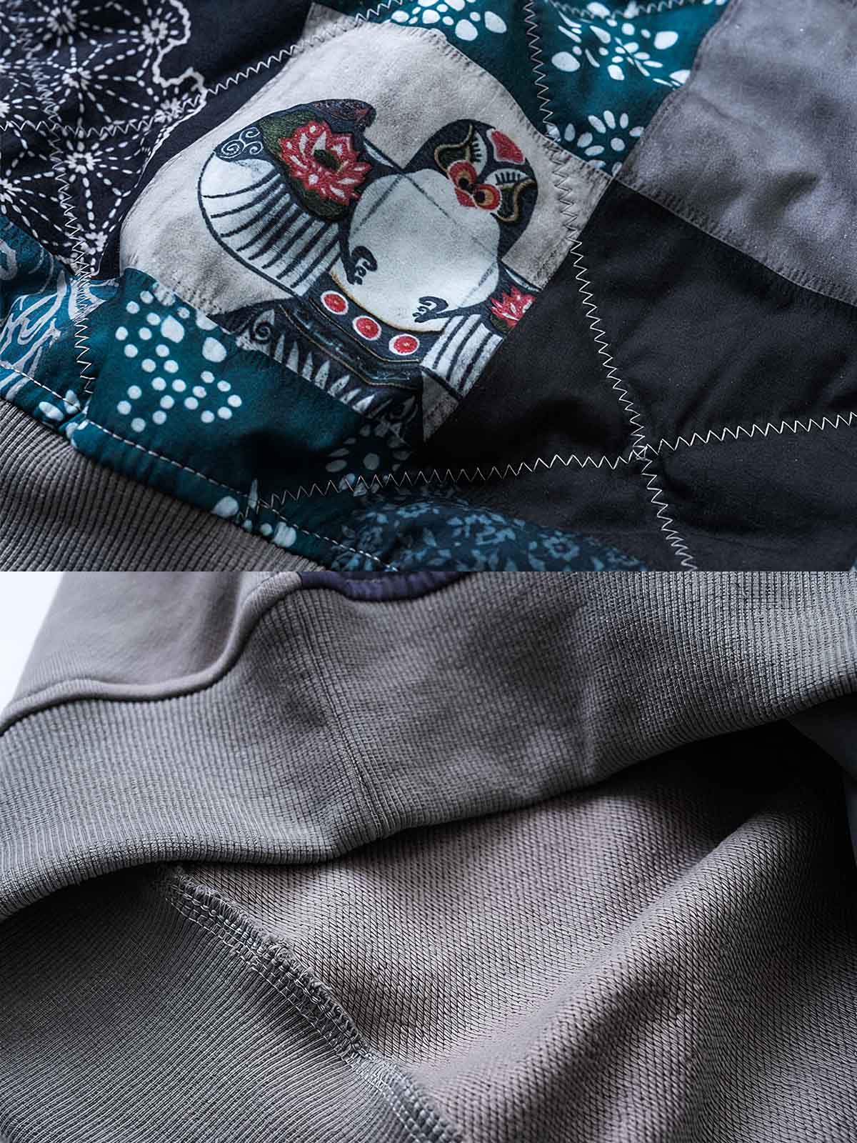 製品画像: 伝統的な民族風の柄と現代的なデザインが融合したユニークなパッチワークスウェット。前後切り替えデザインが特徴で、カジュアルでありながらトレンド感のある一着。
詳細画像: 袖部分の民族風パッチワークと豊かな層感がアクセントとなり、視覚的インパクトを与えるパッチワークスウェット。ゆったりとしたルーズフィットが快適な着心地を提供します。