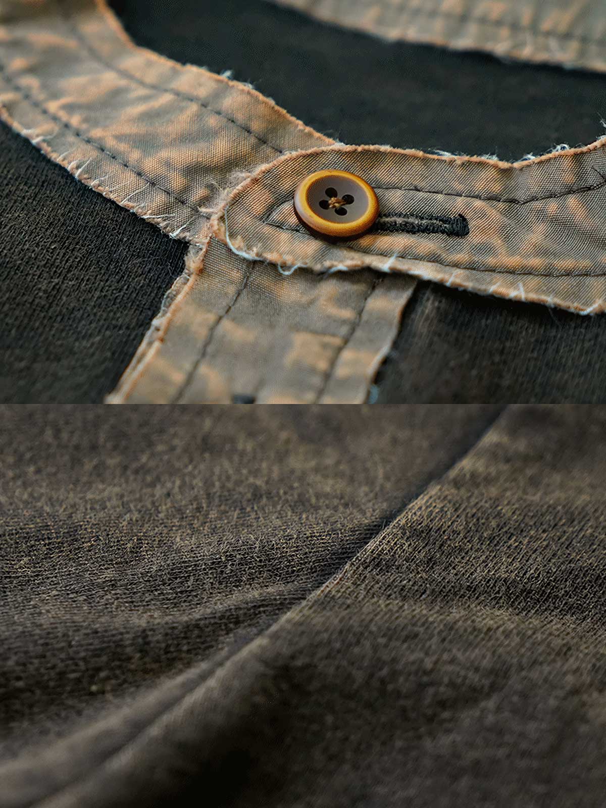 製品画像: ハードウォッシュ加工でヴィンテージ感を演出した植物染めのヘンリーネック長袖Tシャツ。コントラストカラーのフリンジデザインがアクセントとなり、独特な質感を演出。
詳細画像: 厚手で耐久性のある300gダブル糸コーマコットンニットを使用。植物染めによる色合いとフリンジデザインがヴィンテージ感を高める。