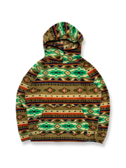 製品画像: 民族風花柄デザインのフリースフード付きパーカー。柔らかく保温性に優れた生地が秋冬にぴったり。ゆったりとしたシルエットで快適な着心地。
詳細画像: 中厚のポリエステル素材を使用し、防風性と保温性を兼ね備えたフリースパーカー。レトロな民族風デザインとフード付きの実用性を提供。