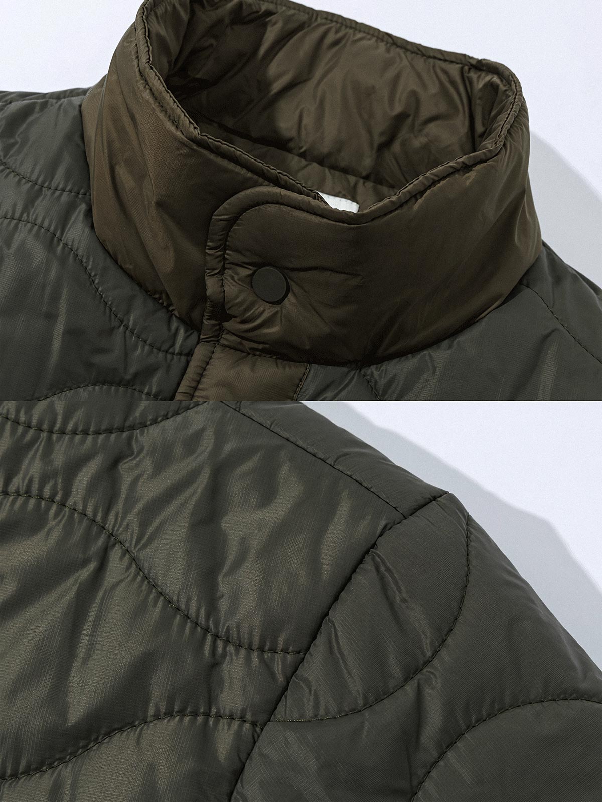 製品画像: キルティングデザインの中綿ジャケット、クラシックなブラックとミリタリーグリーンの配色。多ポケットとスタンドカラーで、実用性と保温性を強化。
詳細画像: 100%ナイロン素材の軽量で耐摩耗性のあるジャケット。寒冷地にも適応し、風を防ぐスタンドカラーと多機能ポケットで便利さを提供。