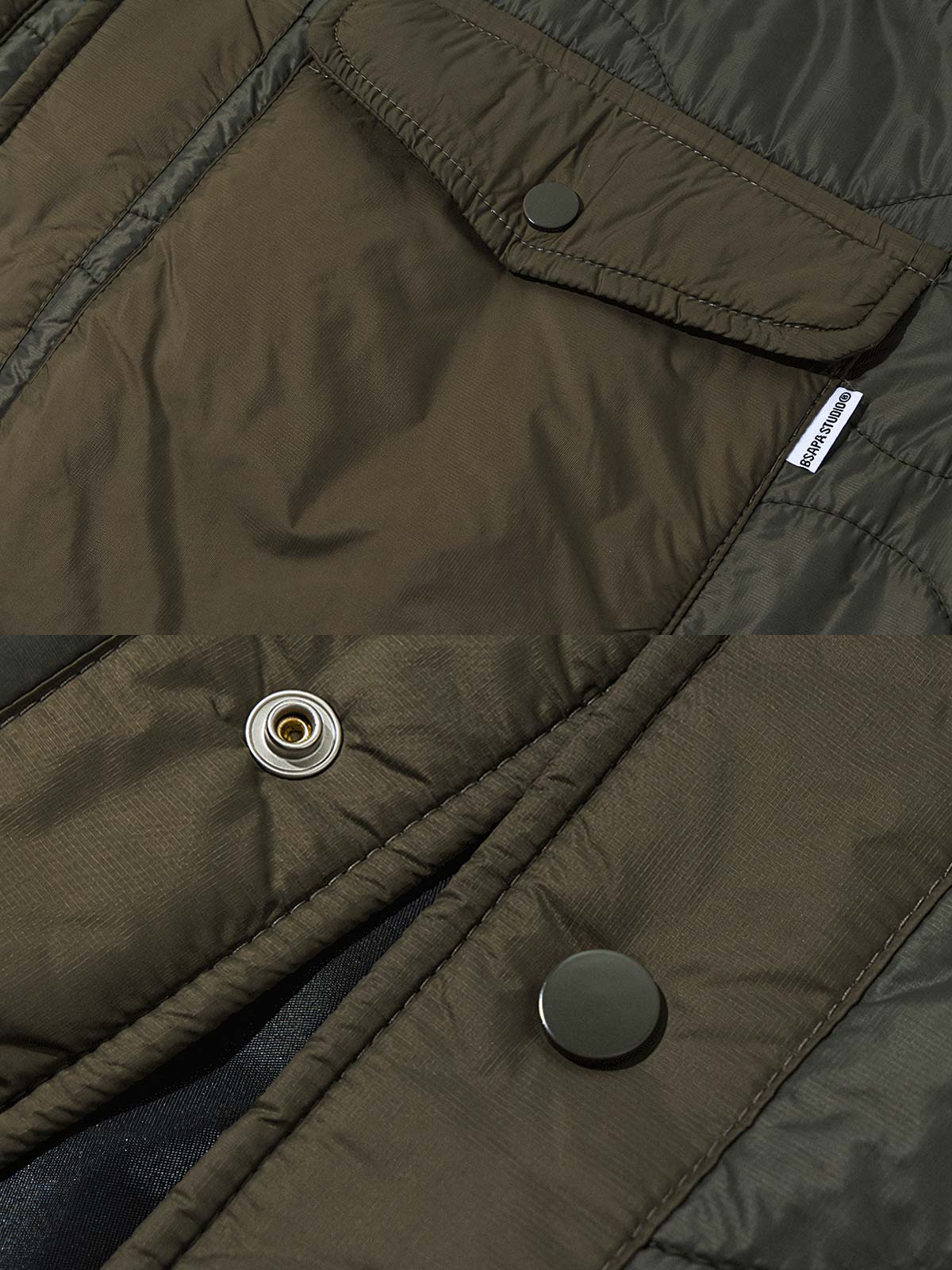 製品画像: キルティングデザインの中綿ジャケット、クラシックなブラックとミリタリーグリーンの配色。多ポケットとスタンドカラーで、実用性と保温性を強化。
詳細画像: 100%ナイロン素材の軽量で耐摩耗性のあるジャケット。寒冷地にも適応し、風を防ぐスタンドカラーと多機能ポケットで便利さを提供。