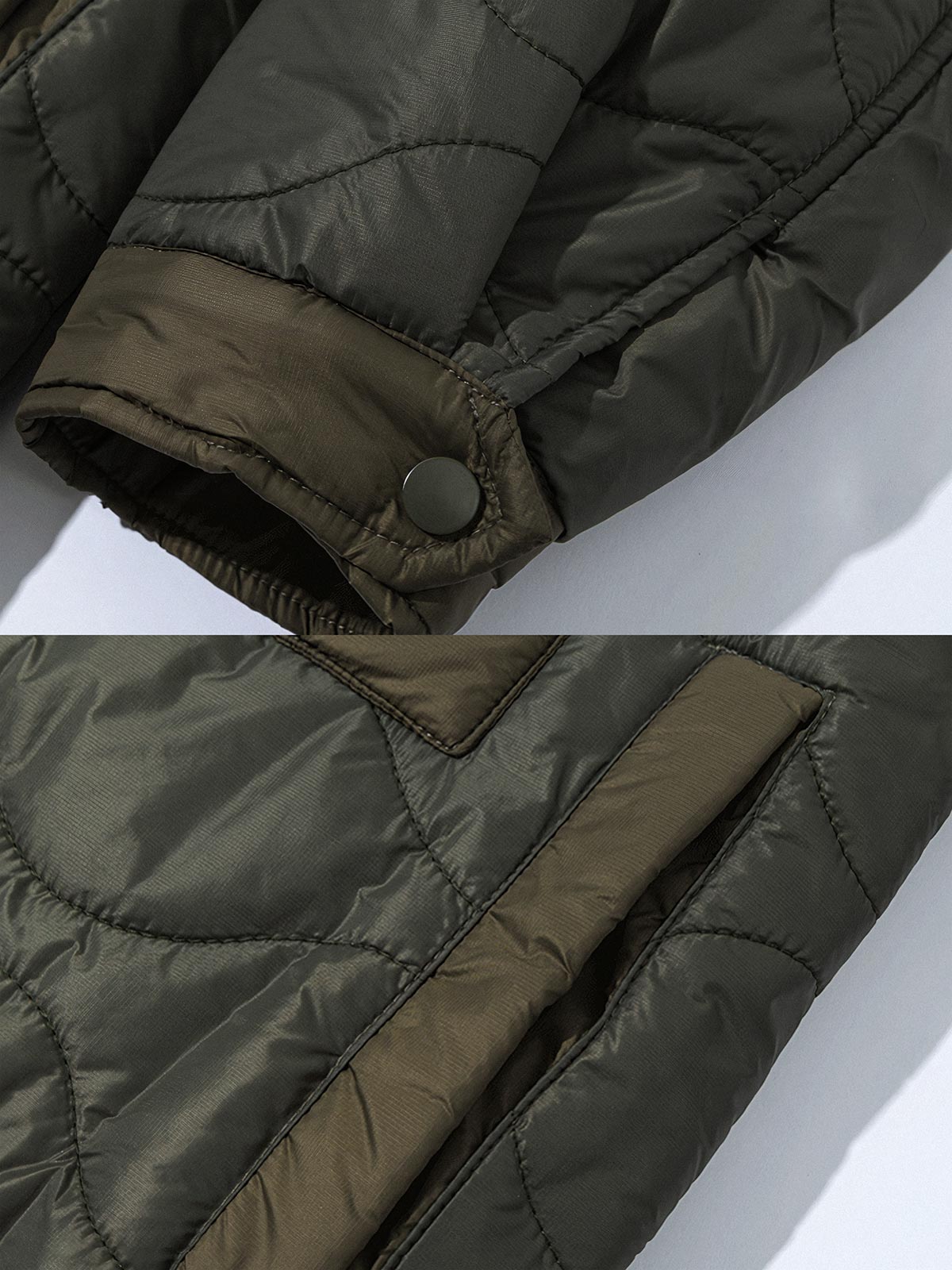 製品画像: キルティングデザインの中綿ジャケット、クラシックなブラックとミリタリーグリーンの配色。多ポケットとスタンドカラーで、実用性と保温性を強化。
詳細画像: 100%ナイロン素材の軽量で耐摩耗性のあるジャケット。寒冷地にも適応し、風を防ぐスタンドカラーと多機能ポケットで便利さを提供。