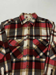 製品画像
「チェック柄フランネルシャツジャケット、起毛加工を施した厚手コットン素材で、秋冬シーズンに最適なヴィンテージ感のあるデザイン」
詳細画像
「柔らかな質感の厚手コットン、ダブルポケットと肘部分のパッチデザインが特徴。水洗いとソフト加工で快適な着心地と優れた保温性」