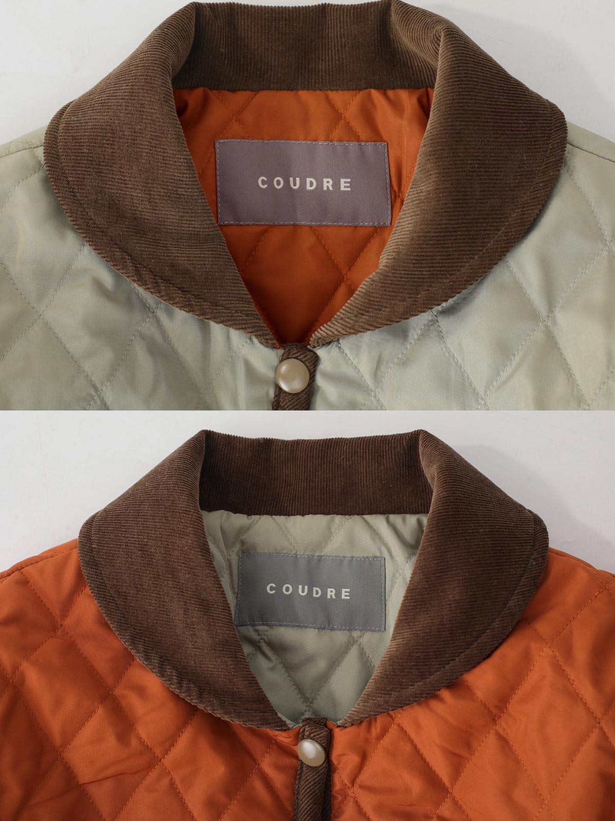 製品画像: ピーターパンカラーとダイヤ柄キルティングデザインのイギリス風ヴィンテージスクールスタイルコート、保温性が高くエレガントな気品を持つ一着。
詳細画像: ツートーンのダイヤ柄キルティング加工が施されたコート、ポリエステル素材で軽量かつ耐久性のあるデザイン、ディテールにこだわったアクセント。