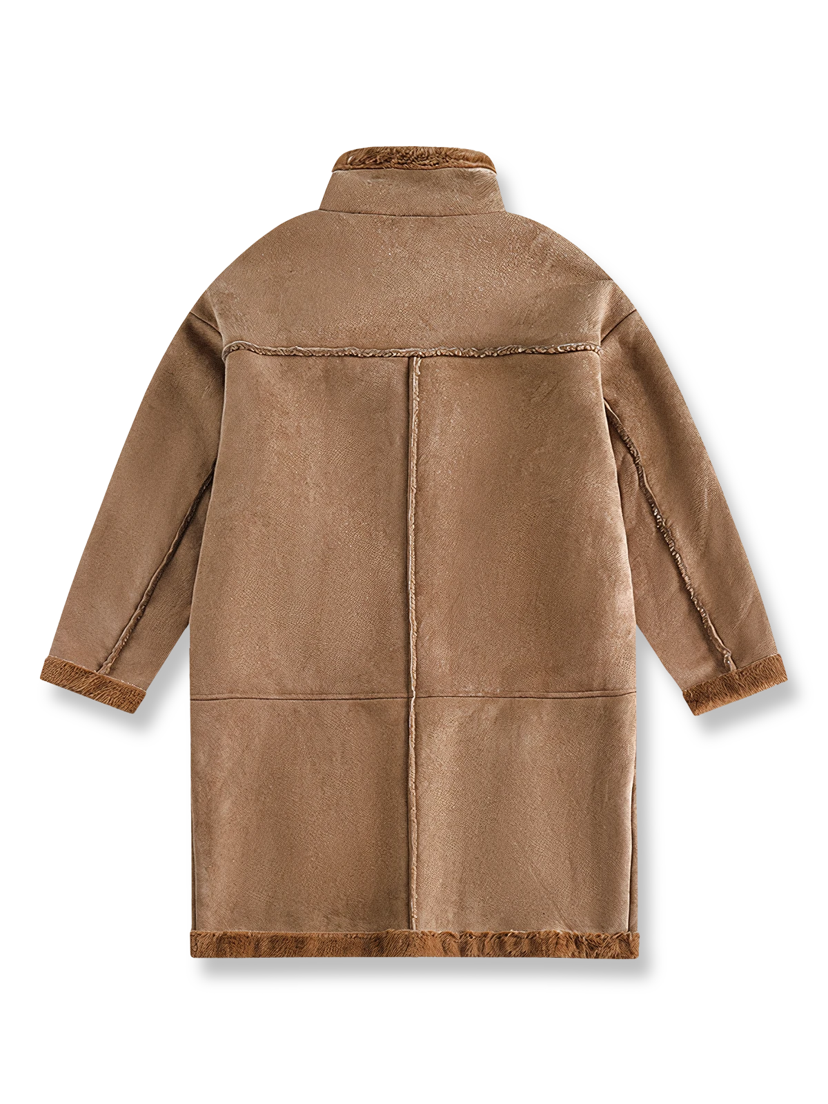 製品画像: 高襟デザインとレザーのボタン装飾が特徴のスエード調フェイクファーコート。フェイクファーとレザーのコンビネーションで、エレガントでレトロな雰囲気を演出し、防風性と温かさを提供します。
詳細画像: 大容量ポケットとレザーのディテールがアクセントとなり、実用性とデザイン性を兼ね備えたスエード調フェイクファーコート。厚手の生地で、冬の寒さから守り、快適な着心地を実現します。