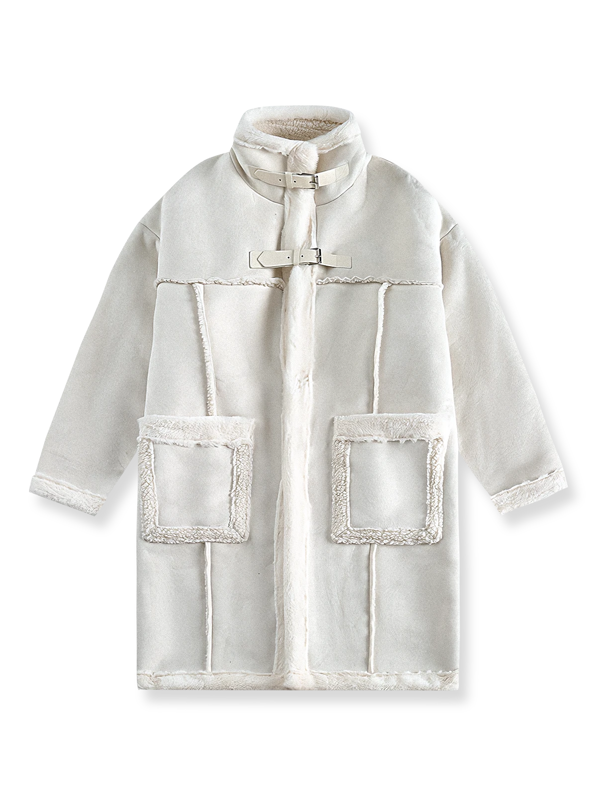 製品画像: 高襟デザインとレザーのボタン装飾が特徴のスエード調フェイクファーコート。フェイクファーとレザーのコンビネーションで、エレガントでレトロな雰囲気を演出し、防風性と温かさを提供します。
詳細画像: 大容量ポケットとレザーのディテールがアクセントとなり、実用性とデザイン性を兼ね備えたスエード調フェイクファーコート。厚手の生地で、冬の寒さから守り、快適な着心地を実現します。