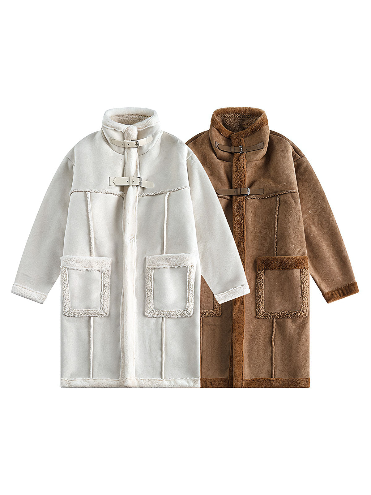 製品画像: 高襟デザインとレザーのボタン装飾が特徴のスエード調フェイクファーコート。フェイクファーとレザーのコンビネーションで、エレガントでレトロな雰囲気を演出し、防風性と温かさを提供します。
詳細画像: 大容量ポケットとレザーのディテールがアクセントとなり、実用性とデザイン性を兼ね備えたスエード調フェイクファーコート。厚手の生地で、冬の寒さから守り、快適な着心地を実現します。