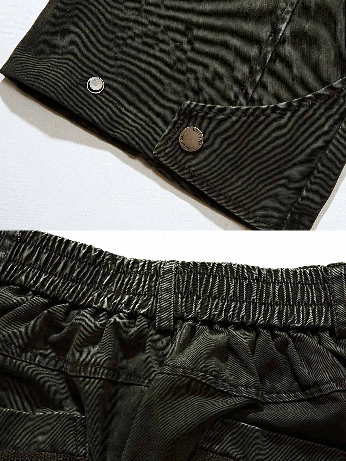 製品画像
デコンストラクションのパッチワークデザインが特徴のワイドフィットカーゴパンツ。ウォッシュ加工によるヴィンテージ感と自然な風合いが、快適さと機能性を両立したユニークなスタイルを提供。
詳細画像
ウエスト部分にはベルトバックルとゴムを組み合わせ、自由度と快適さを向上。裾はボタンで調整可能で、異なる着用ニーズに合わせて幅を自由に変更できます。デコンストラクションデザインが、個性的なヴィンテージ感を演出。