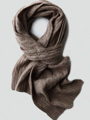 製品画像: ケーブル柄 ウールニット3点セット(マフラー、帽子、手袋)の全体展示画像。エレガントで統一感のあるデザインが特徴。柔らかなラムウールとカシミヤ混紡素材を使用し、冬の防寒用に最適。
詳細画像: ケーブル柄の編み目をクローズアップした詳細画像。高品質ラムウール90%とカシミヤ10%混紡素材の柔らかさと光沢感を強調したディテール。