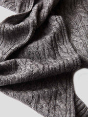 製品画像: ケーブル柄 ウールニット3点セット(マフラー、帽子、手袋)の全体展示画像。エレガントで統一感のあるデザインが特徴。柔らかなラムウールとカシミヤ混紡素材を使用し、冬の防寒用に最適。
詳細画像: ケーブル柄の編み目をクローズアップした詳細画像。高品質ラムウール90%とカシミヤ10%混紡素材の柔らかさと光沢感を強調したディテール。