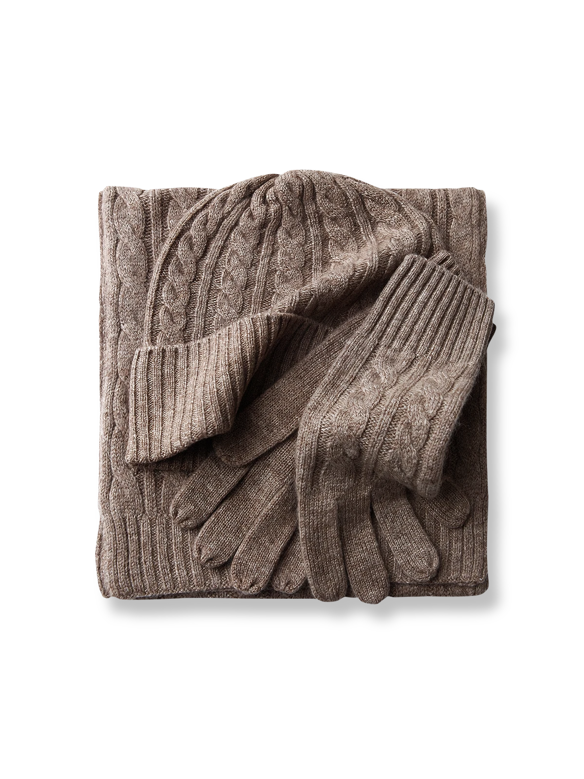 製品画像: ケーブル柄 ウールニット3点セット(マフラー、帽子、手袋)の全体展示画像。エレガントで統一感のあるデザインが特徴。柔らかなラムウールとカシミヤ混紡素材を使用し、冬の防寒用に最適。
詳細画像: ケーブル柄の編み目をクローズアップした詳細画像。高品質ラムウール90%とカシミヤ10%混紡素材の柔らかさと光沢感を強調したディテール。