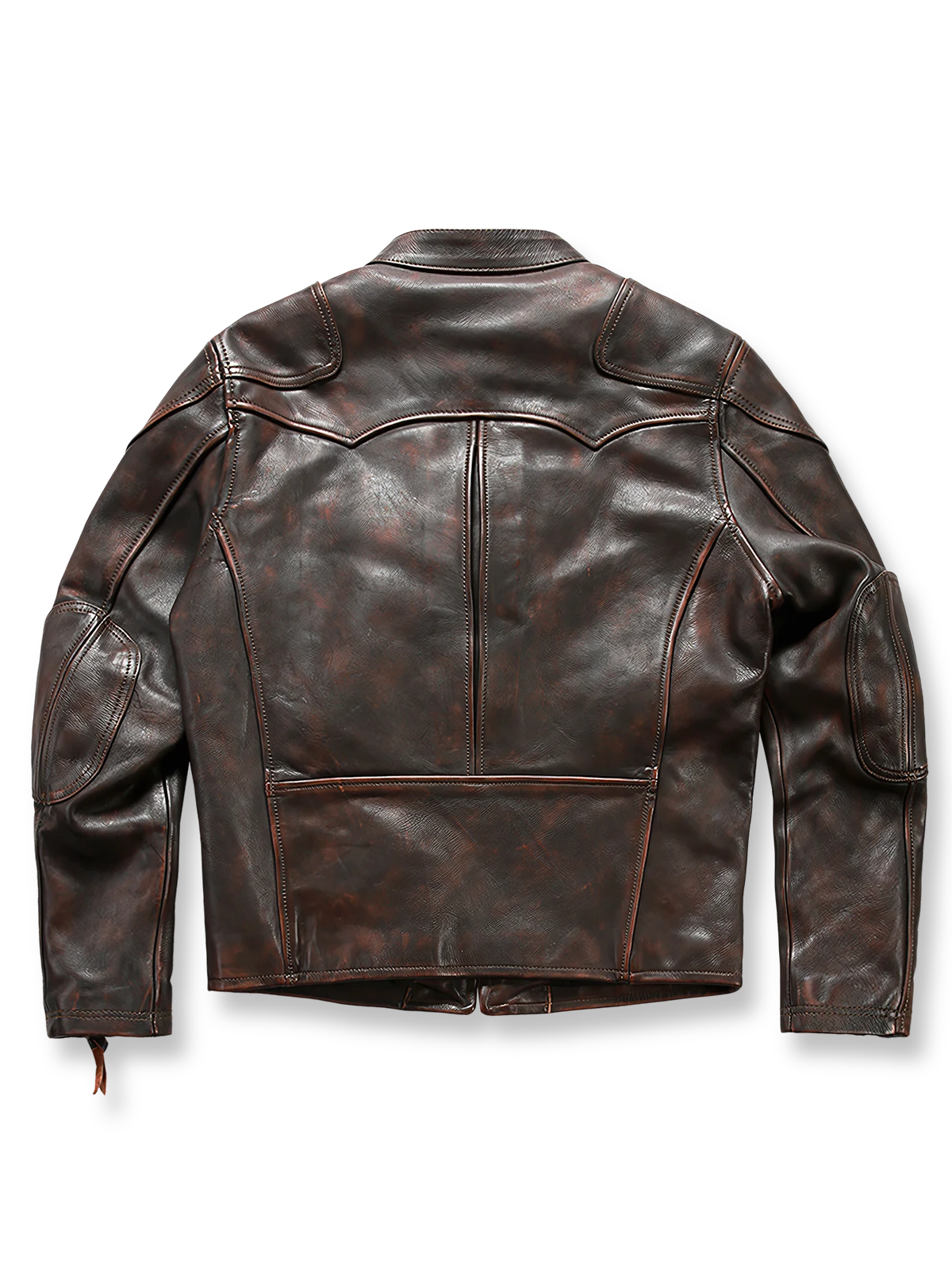 製品画像: タフレザージャケットの全体展示画像。クラシックなアメリカンモーターサイクルスタイルを再現したデザインで、茶芯レザーの独特なヴィンテージ感と重厚感が際立つ。
詳細画像: 茶芯レザーの質感とヴィンテージ加工をクローズアップしたディテール画像。1.8mm厚のフルグレインカウハイドを使用し、自然な光沢と独特のシワが魅力。タロンジッパーの精巧な作りも確認できる。
