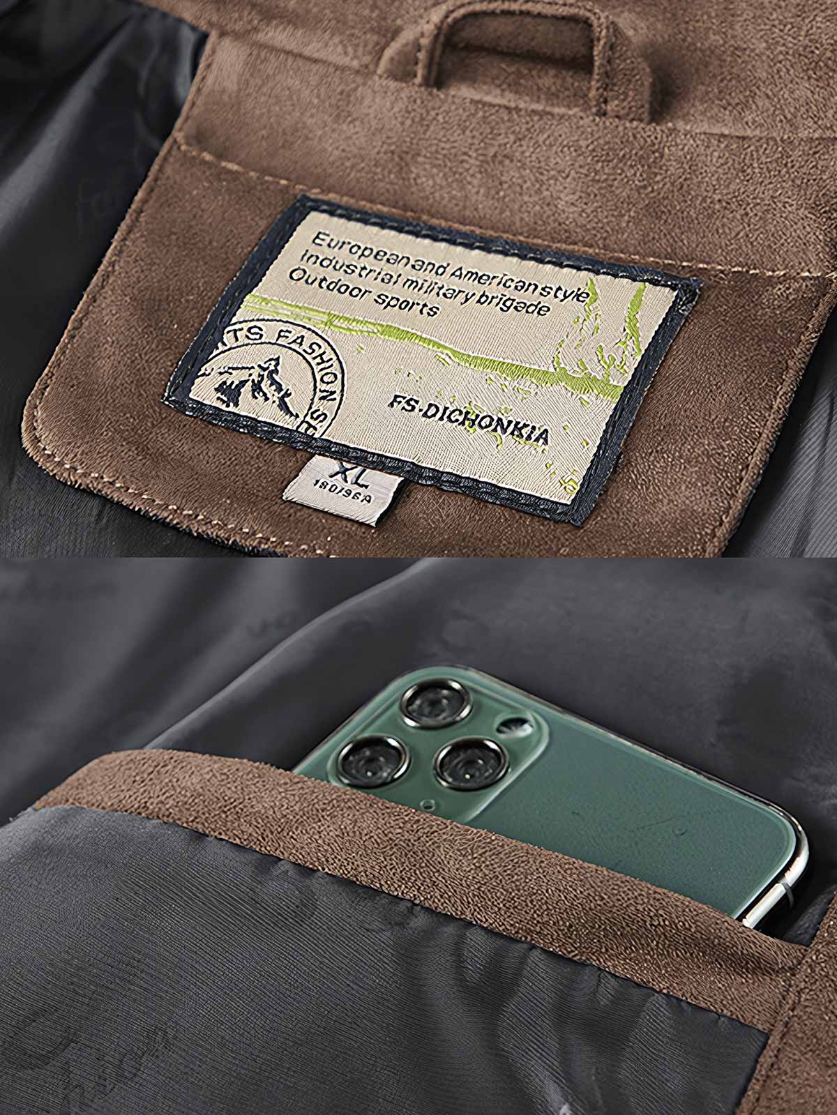 製品画像: スエード調 ターンダウンカラー ワークジャケットの全体展示画像。折り返し襟(ターンダウンカラー)とフラップポケットのクラシックなデザインが特徴。カーキ、グレー、コーヒー、ブラックの4色展開で、日常使いからカジュアルまで対応可能。
詳細画像: フラップポケットとボタンのディテールをクローズアップした画像。スエード調素材の柔らかい質感と耐久性をアピールし、デザインの細部にこだわりを表現。