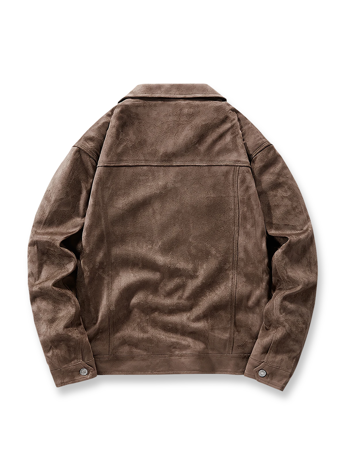 製品画像: スエード調 ターンダウンカラー ワークジャケットの全体展示画像。折り返し襟(ターンダウンカラー)とフラップポケットのクラシックなデザインが特徴。カーキ、グレー、コーヒー、ブラックの4色展開で、日常使いからカジュアルまで対応可能。
詳細画像: フラップポケットとボタンのディテールをクローズアップした画像。スエード調素材の柔らかい質感と耐久性をアピールし、デザインの細部にこだわりを表現。