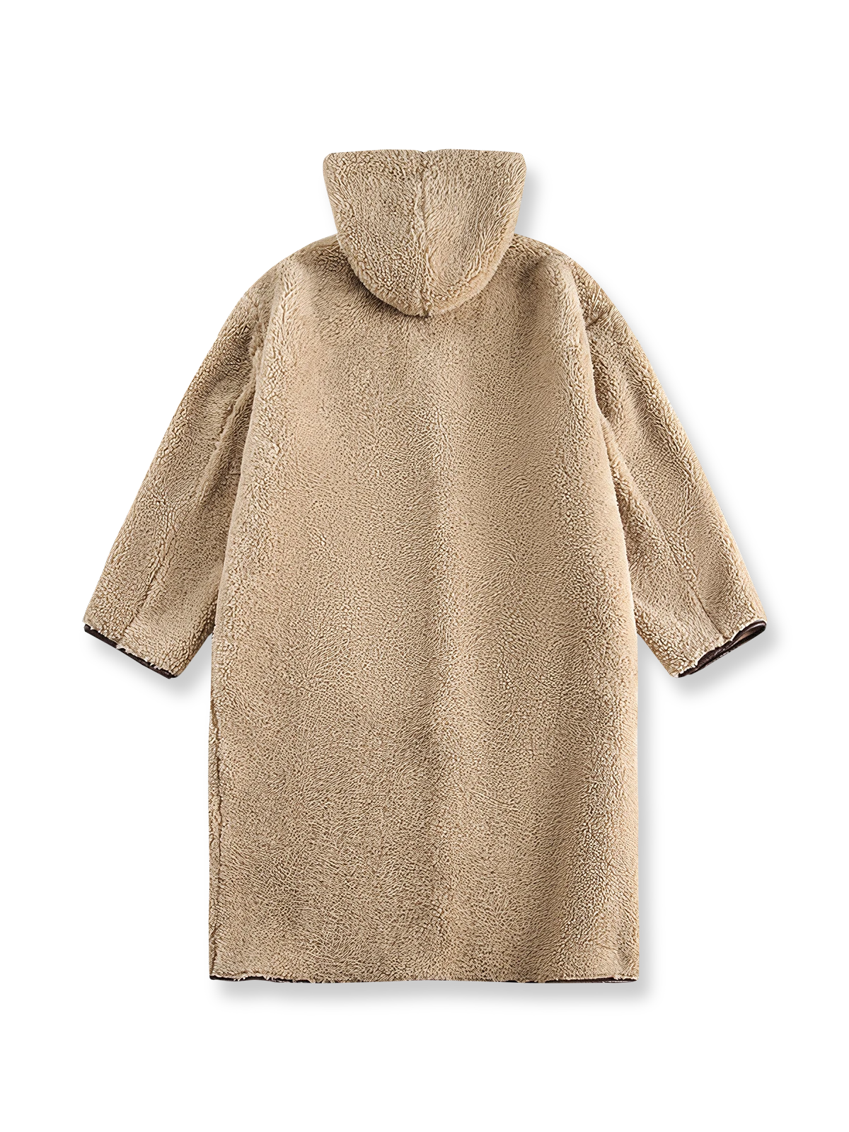 製品画像: ムートン一体 シープボア ダッフルコートの全体展示画像。厚手で暖かいムートンデザインが特徴で、トグルボタンとフード付きのクラシックなスタイルが際立つ。ルーズフィットシルエットで実用性とファッション性を両立。
詳細画像: トグルボタンのデザインと袖口のレザーパイピングをクローズアップした画像。細部のこだわりが分かるディテールで、耐久性と高級感を強調。