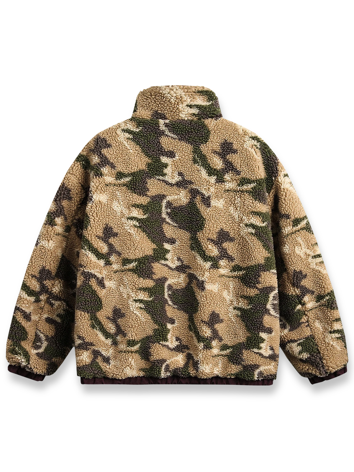 製品画像: 迷彩スタンドカラー リバーシブル 厚手中綿ジャケットの全体展示画像。クラシックな迷彩パターンと柔らかいシープスキン素材のリバーシブルデザインが特徴。冬の多様なシーンに適した実用的かつトレンド感のあるアイテム。
詳細画像: 迷彩面とシープスキン面のディテールをクローズアップした比較画像。ジッパーや伸縮性のある袖口デザインが快適性と保温性を強調。