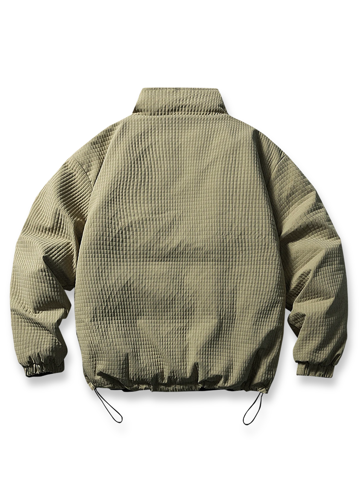 製品画像: リバーシブル ホワイトダックダウンジャケットの全体展示画像。カーキの肌理感ある生地とネイビーのストライプデザインのリバーシブル仕様が特徴。秋冬シーズンに最適な暖かく軽量な一着。
詳細画像: カーキ面の肌理感生地とネイビーストライプ面のディテールをクローズアップした画像。ドローコード付き裾や両サイドポケットの機能性を強調。