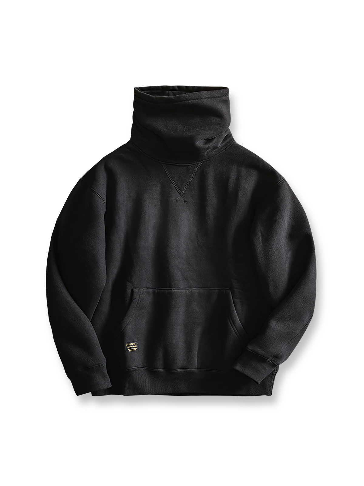 製品画像: フリースタートルネック ミリタリースウェットの全体展示画像。クラシックなタートルネックデザインと3色展開(ミリタリーグリーン、グレー、ブラック)が特徴。WWIIにインスパイアされたミリタリースタイルが際立つ。
詳細画像: 折り返し可能なタートルネック部分と袖まで続くフリース裏地のクローズアップ。防風性と保温性を両立した機能性がわかるディテール。