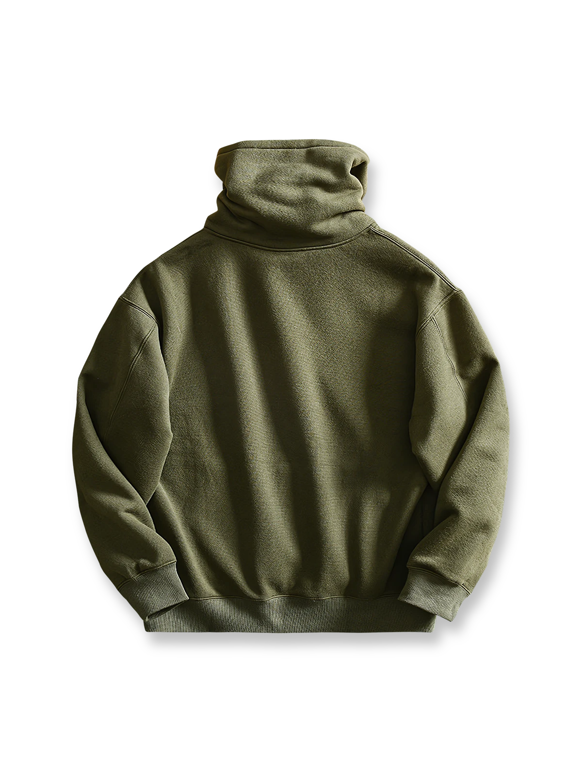 製品画像: フリースタートルネック ミリタリースウェットの全体展示画像。クラシックなタートルネックデザインと3色展開(ミリタリーグリーン、グレー、ブラック)が特徴。WWIIにインスパイアされたミリタリースタイルが際立つ。
詳細画像: 折り返し可能なタートルネック部分と袖まで続くフリース裏地のクローズアップ。防風性と保温性を両立した機能性がわかるディテール。