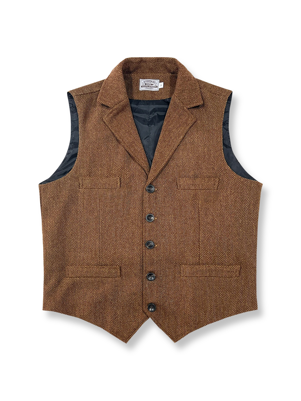 製品画像: ウールツイード スーツベストの全体展示画像。重厚なウール混紡ツイード素材とクラシックなブリティッシュスタイルが際立つデザイン。ビジネスからカジュアルまで幅広く活躍する一着。
詳細画像: ウール混紡ツイード素材の風合いと精密なジャケットカットをクローズアップしたディテール画像。高級感と保温性が感じられる仕上がりを強調。